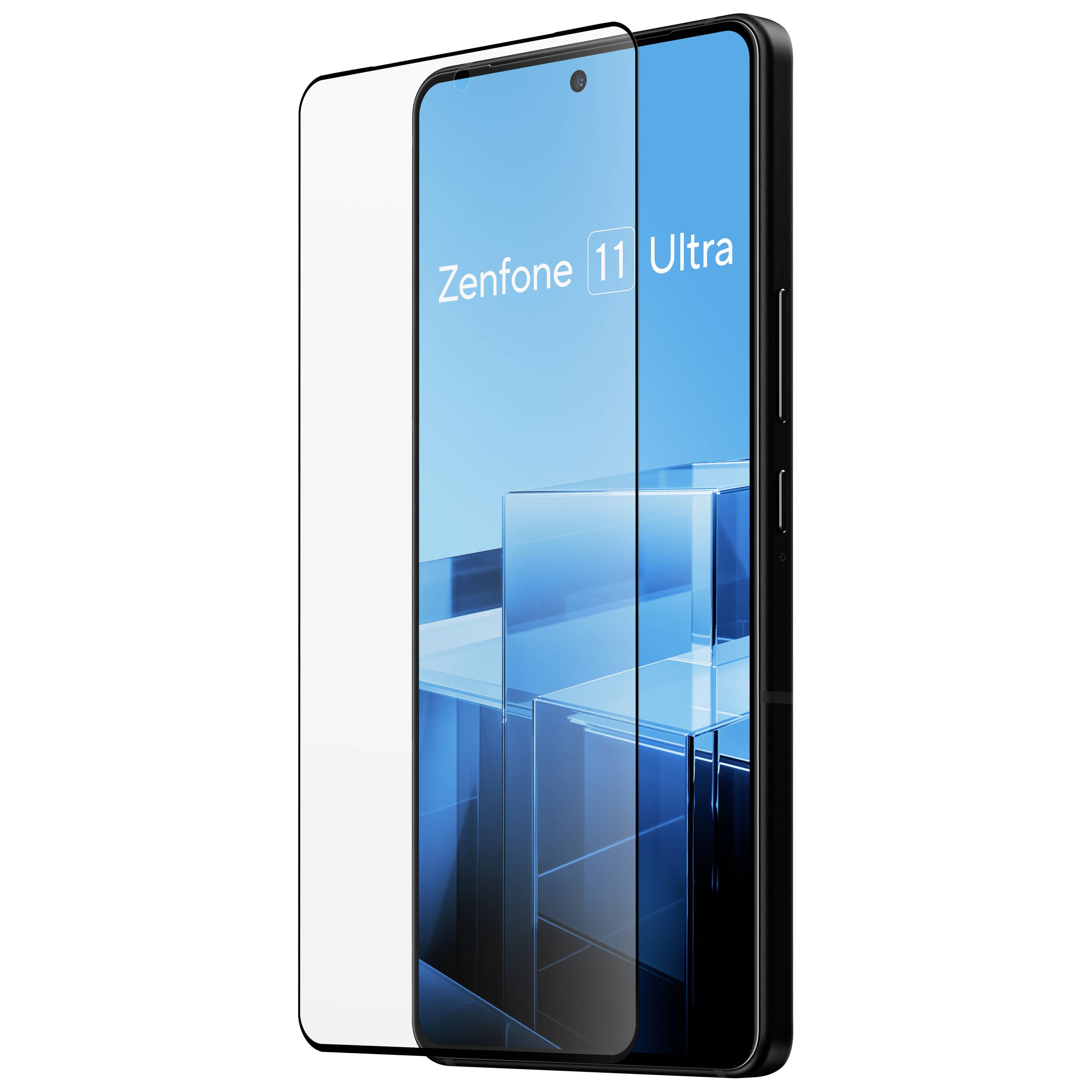 Smartphone in Schwarz, dargestellt mit einem Schutzglas, auf dem Bildschirm der Text 'Zenfone 11 Ultra'.