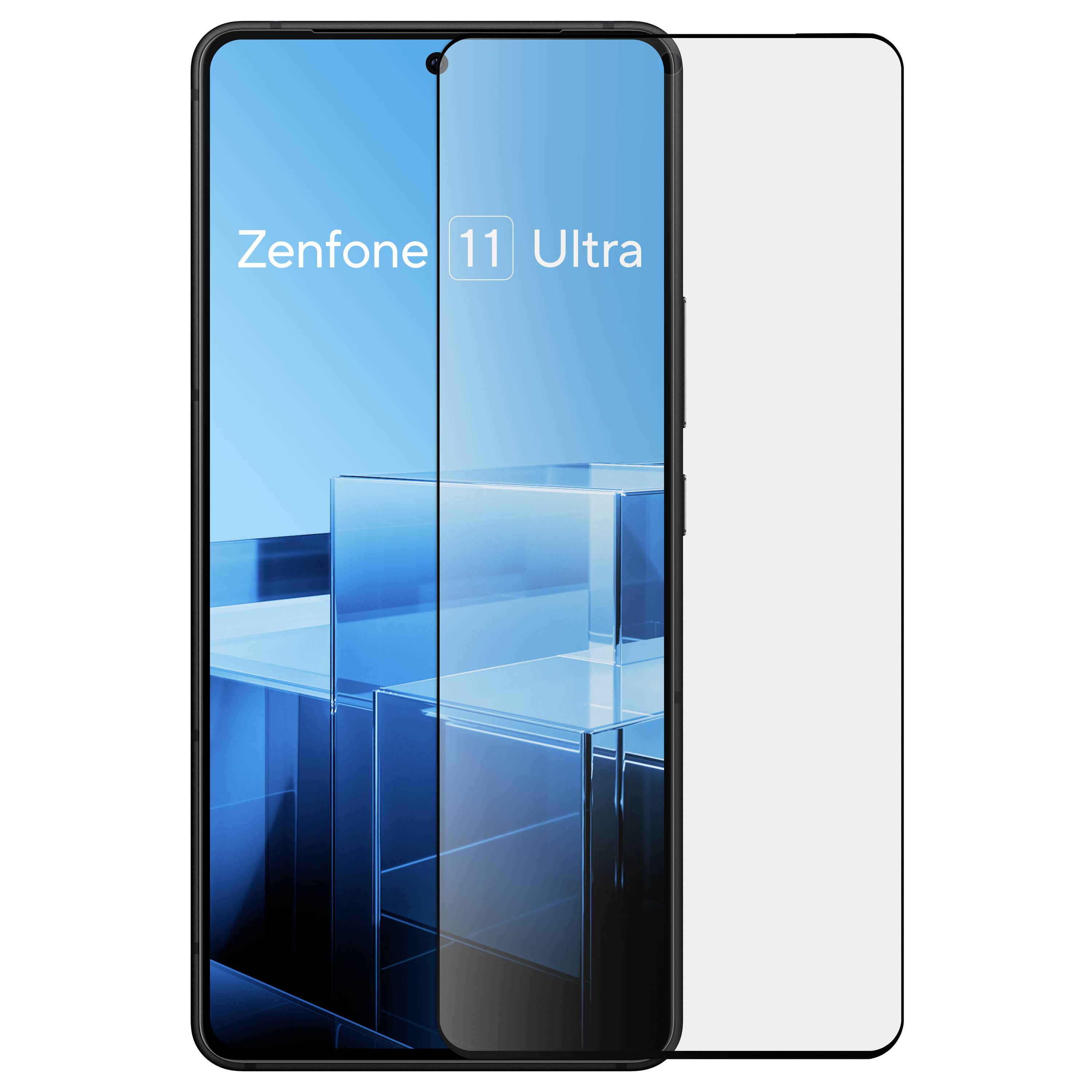 Smartphone mit großem Display. Auf dem Bildschirm steht 'Zenfone 11 Ultra'. Im Hintergrund sind geometrische blaue Formen zu sehen.