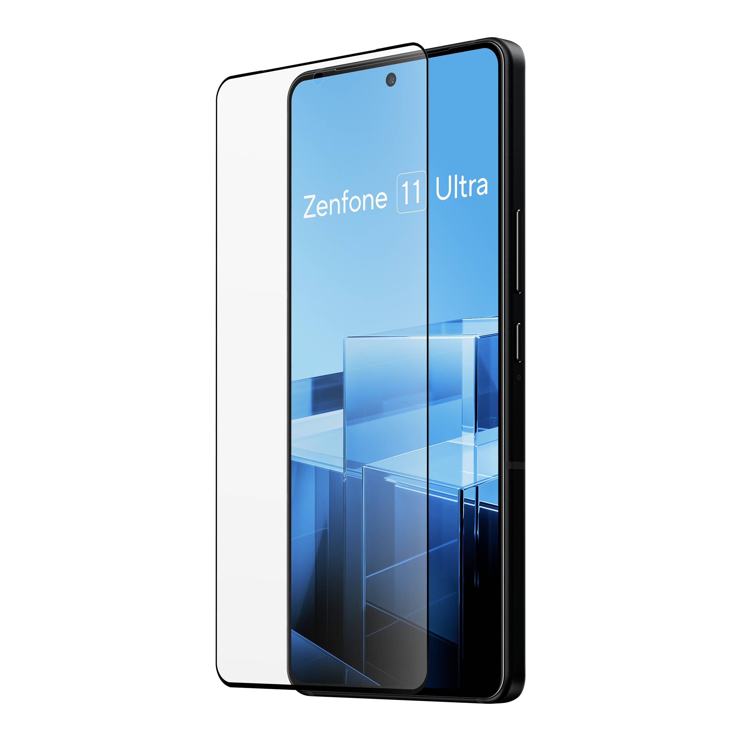 Smartphone mit großem Display und kantigem Design. Auf dem Bildschirm steht 'Zenfone 11 Ultra'. Es hat eine schützende Folie.