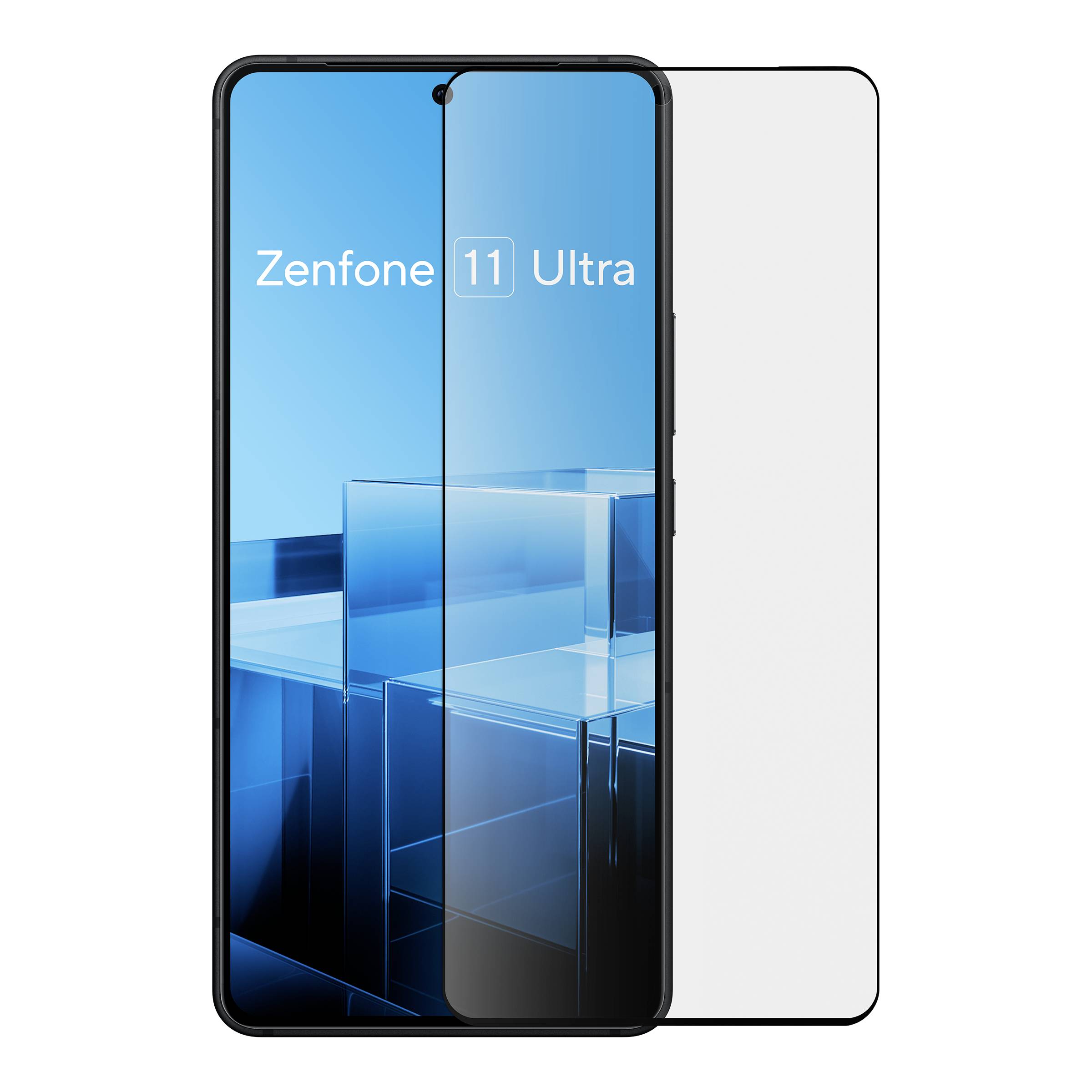 Ein Smartphone mit der Aufschrift 'Zenfone 11 Ultra' auf dem Bildschirm; blaues, geometrisches Hintergrunddesign.