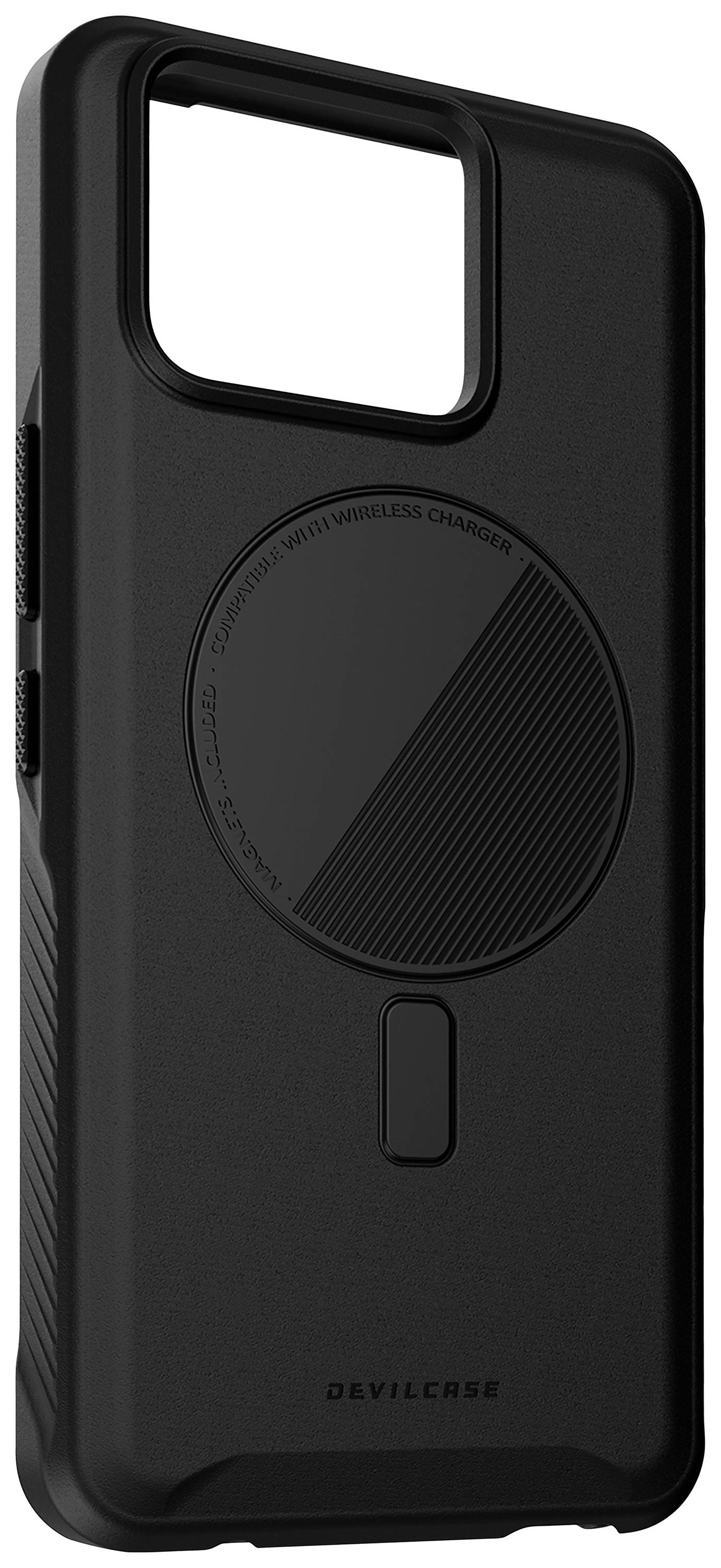 Eine schwarze Smartphone-Hülle mit einem großen Ausschnitt für die Kamera und einer Vertiefung für kabelloses Laden.