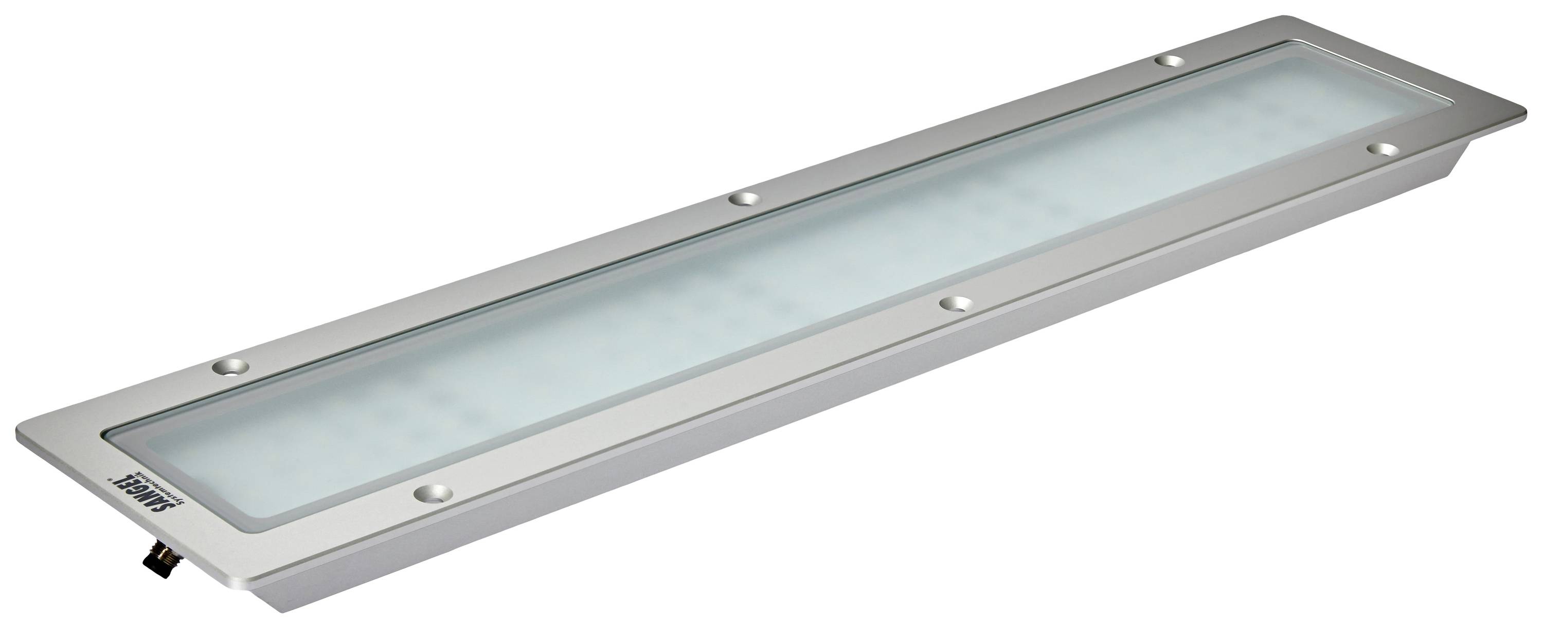 Rechteckige, flache LED-Leuchte mit silbernem Rahmen und transparentem Abdeckglas. Geeignet für gleichmäßige Beleuchtung.