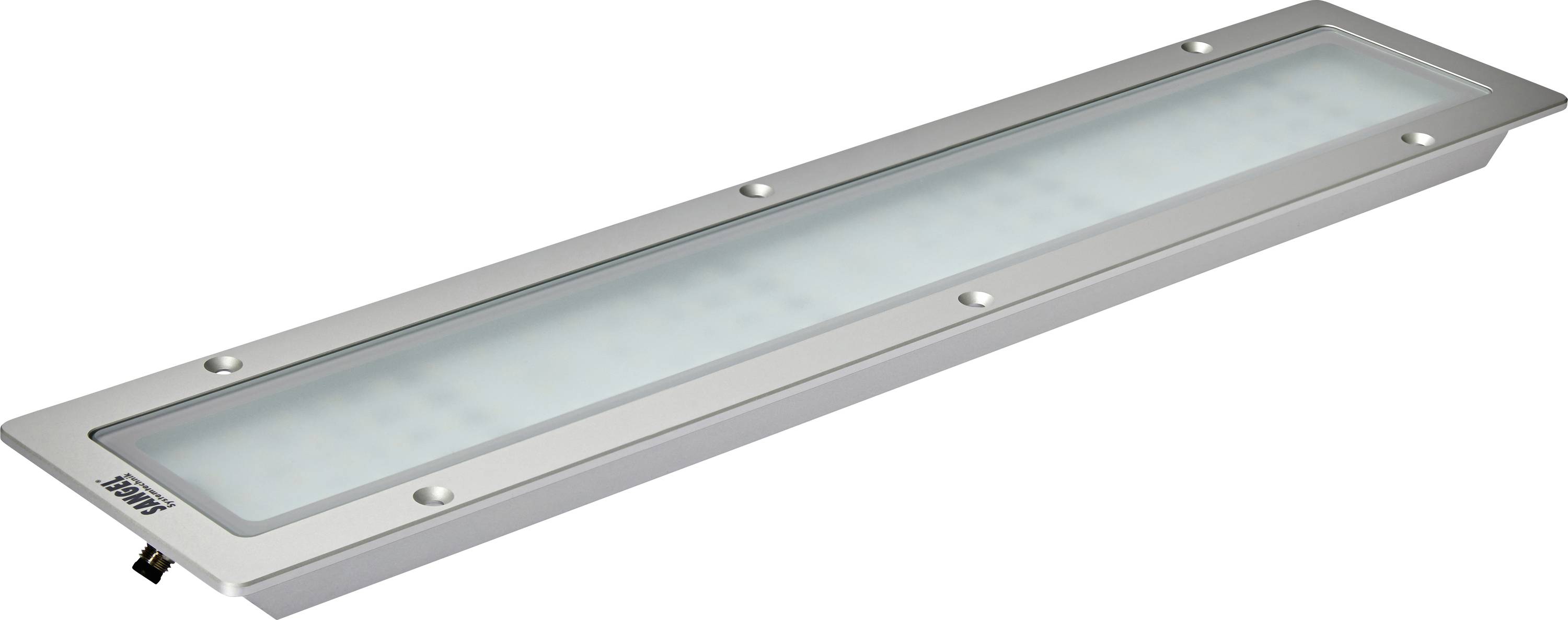 Länglicher LED-Bodenstrahler aus Metall und Glas, geeignet für Außen- oder Innenbeleuchtung; moderne, funktionale Gestaltung.