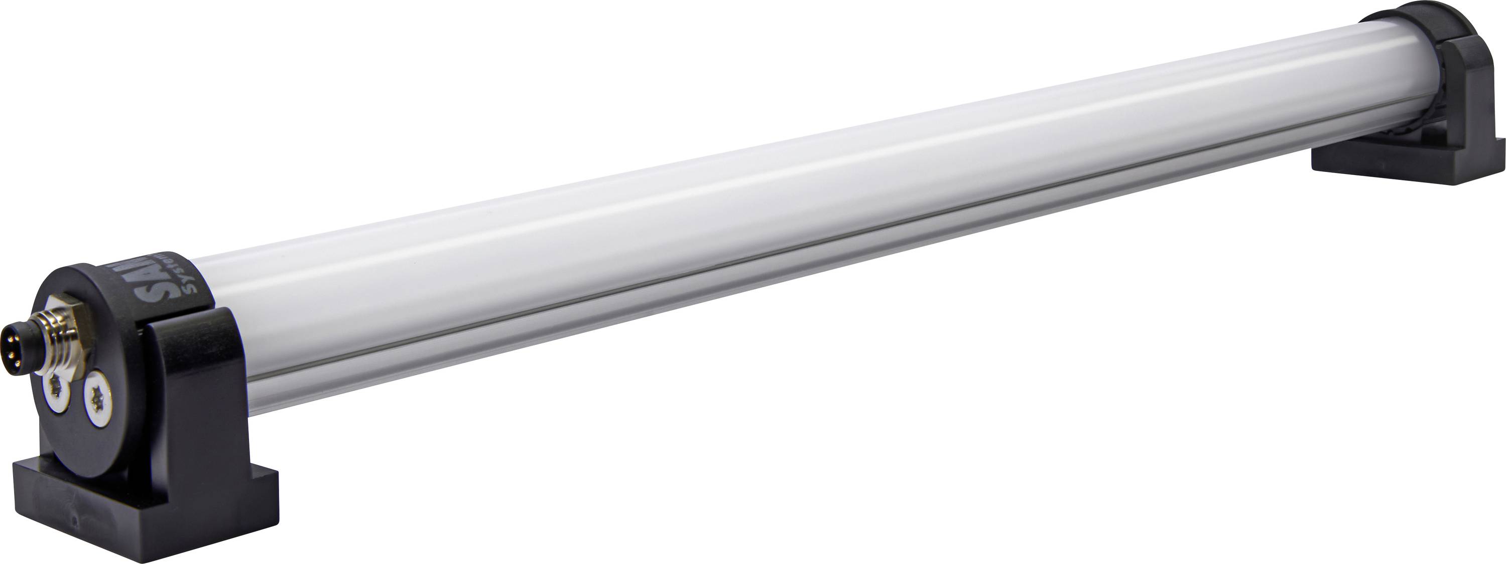 Ein langes, zylinderförmiges LED-Licht mit einem robusten Gehäuse und Metallanschlüssen an den Enden, montiert auf schwarzen Halterungen.