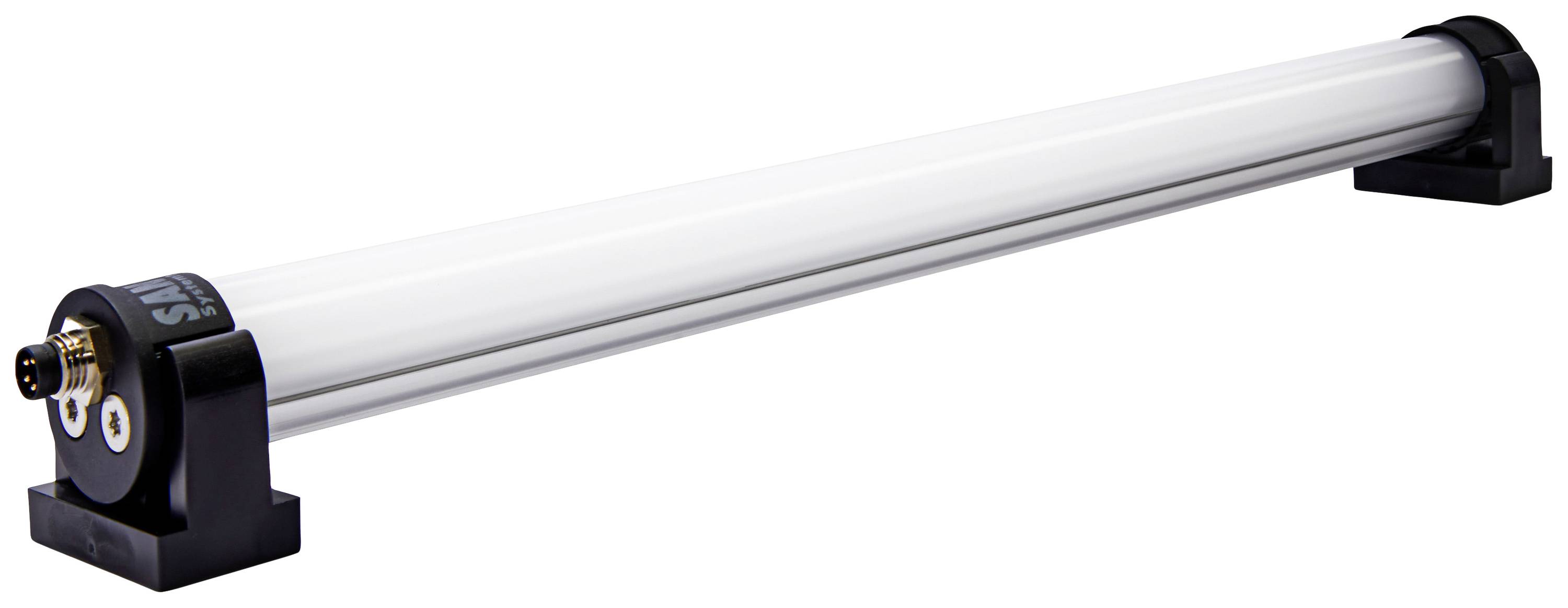Ein weißes, zylinderförmiges LED-Licht mit schwarzen Endkappen liegt horizontal montiert auf zwei Halterungen.