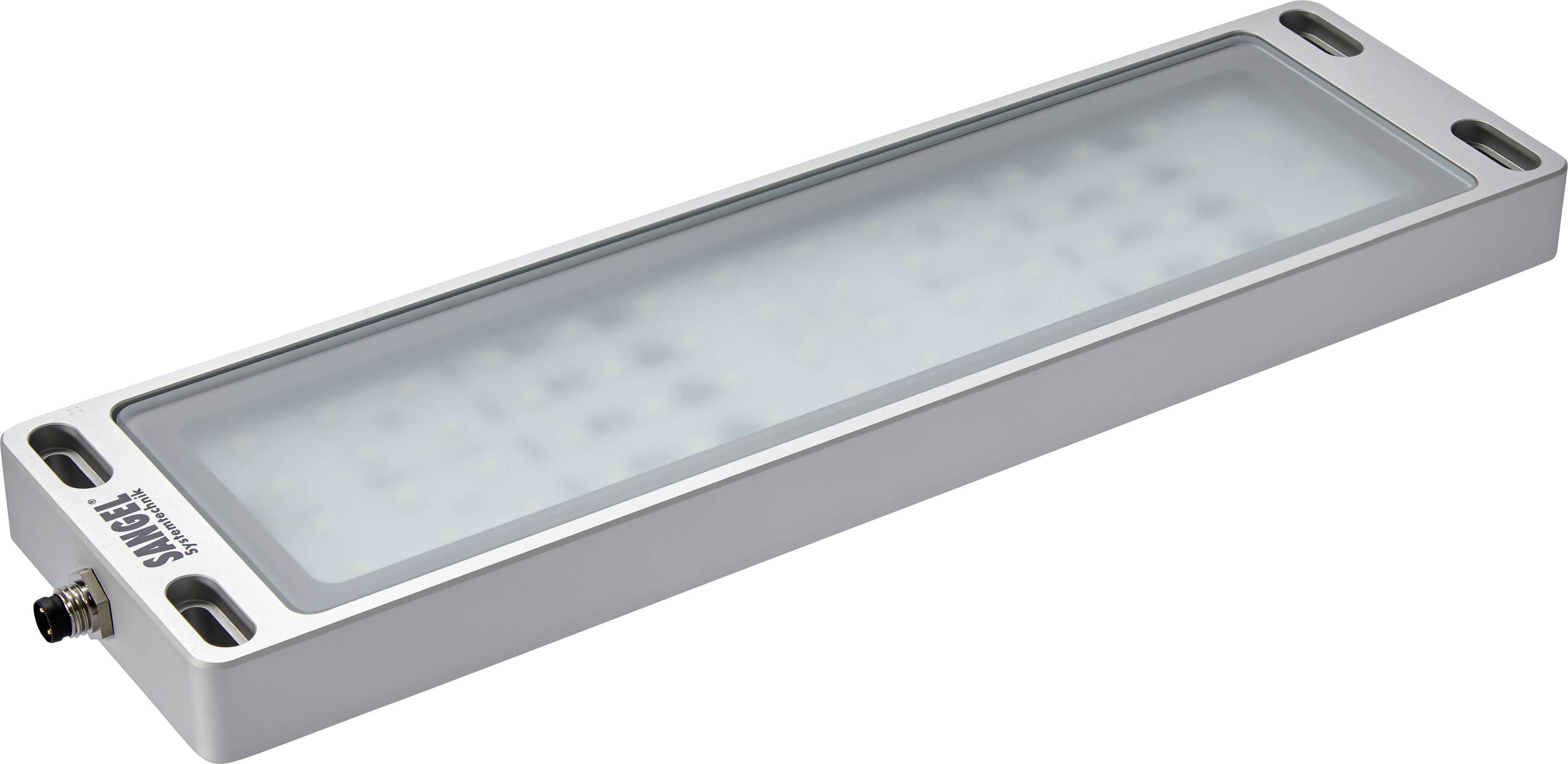 Rechteckige LED-Leuchte für industrielle Anwendungen, silbernes Gehäuse, Anschlussbuchse an einer Seite.