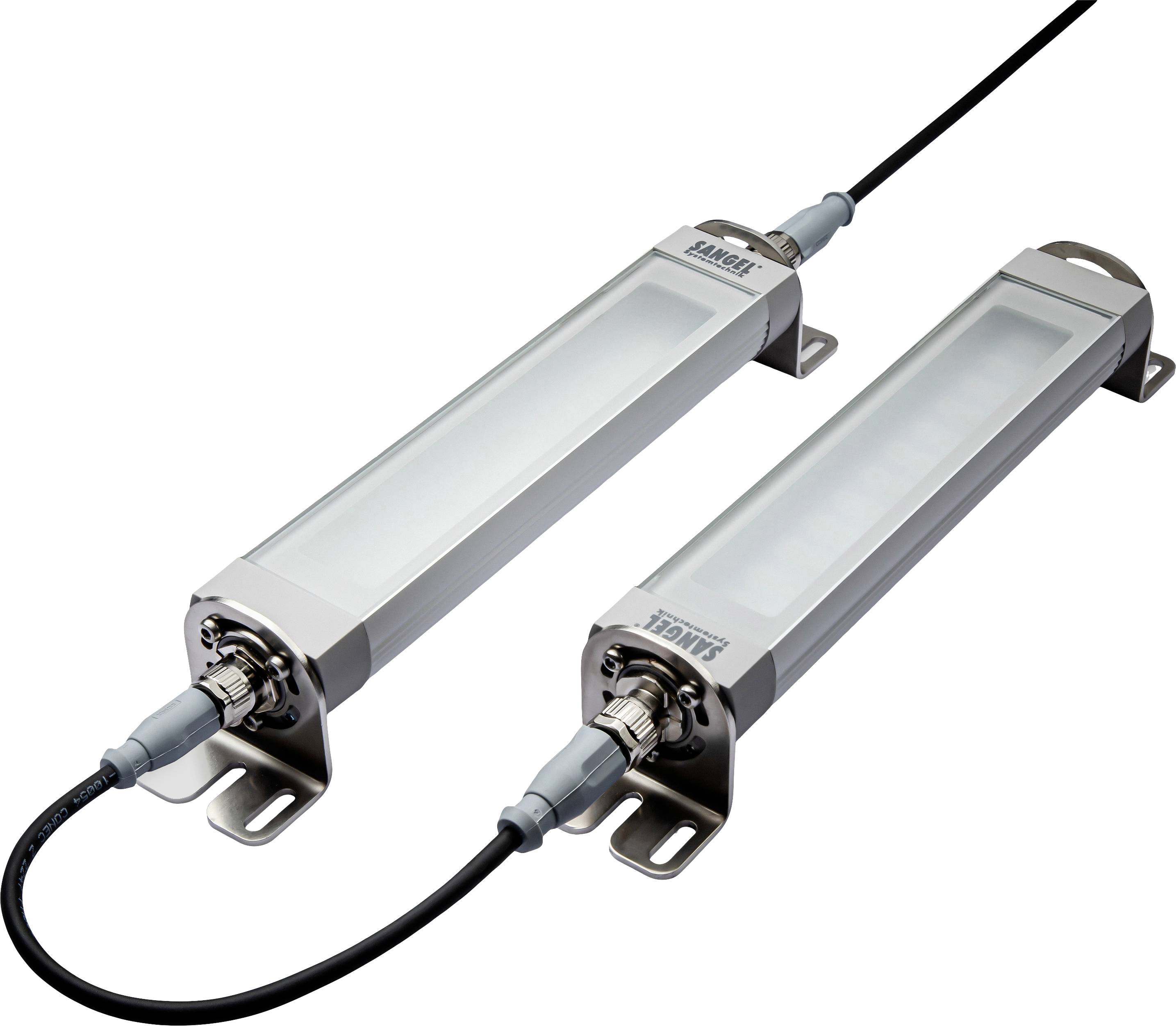 Zwei längliche LED-Leuchten nebeneinander mit Kabelanschlüssen, in einem industriellen Gehäuse. Verwendet zur Beleuchtung von Arbeitsbereichen.