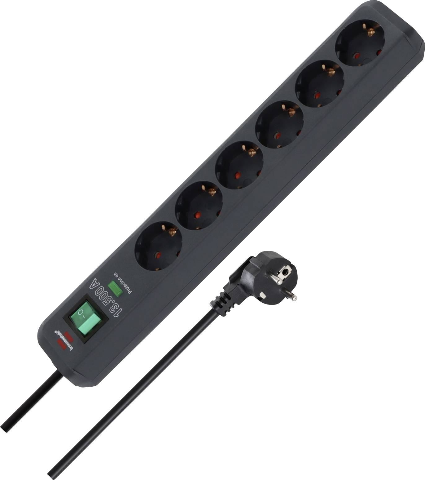 Schwarze Sechsfach-Steckerleiste mit beleuchtetem Ein-/Ausschalter und abgewinkeltem europäischem Stecker.