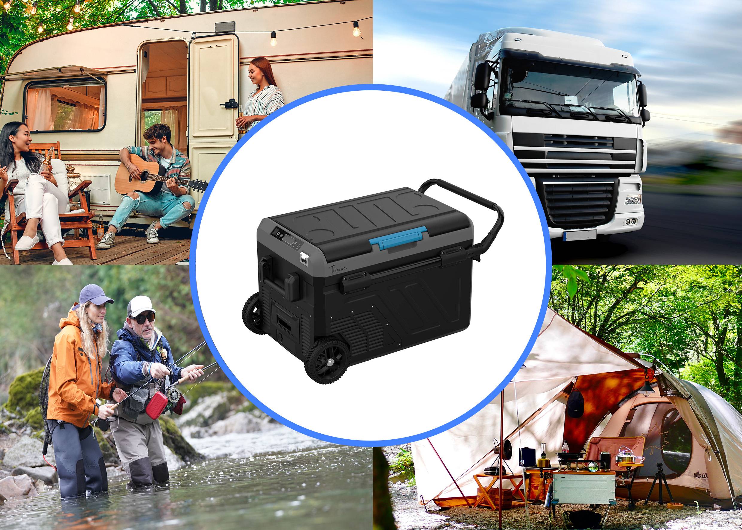 Kühlbox im Mittelpunkt, umgeben von Bildern: Camper mit Gitarre, Lkw-Fahrer, Angler am Fluss und Zeltcamping im Wald. Einsatzmöglichkeiten.