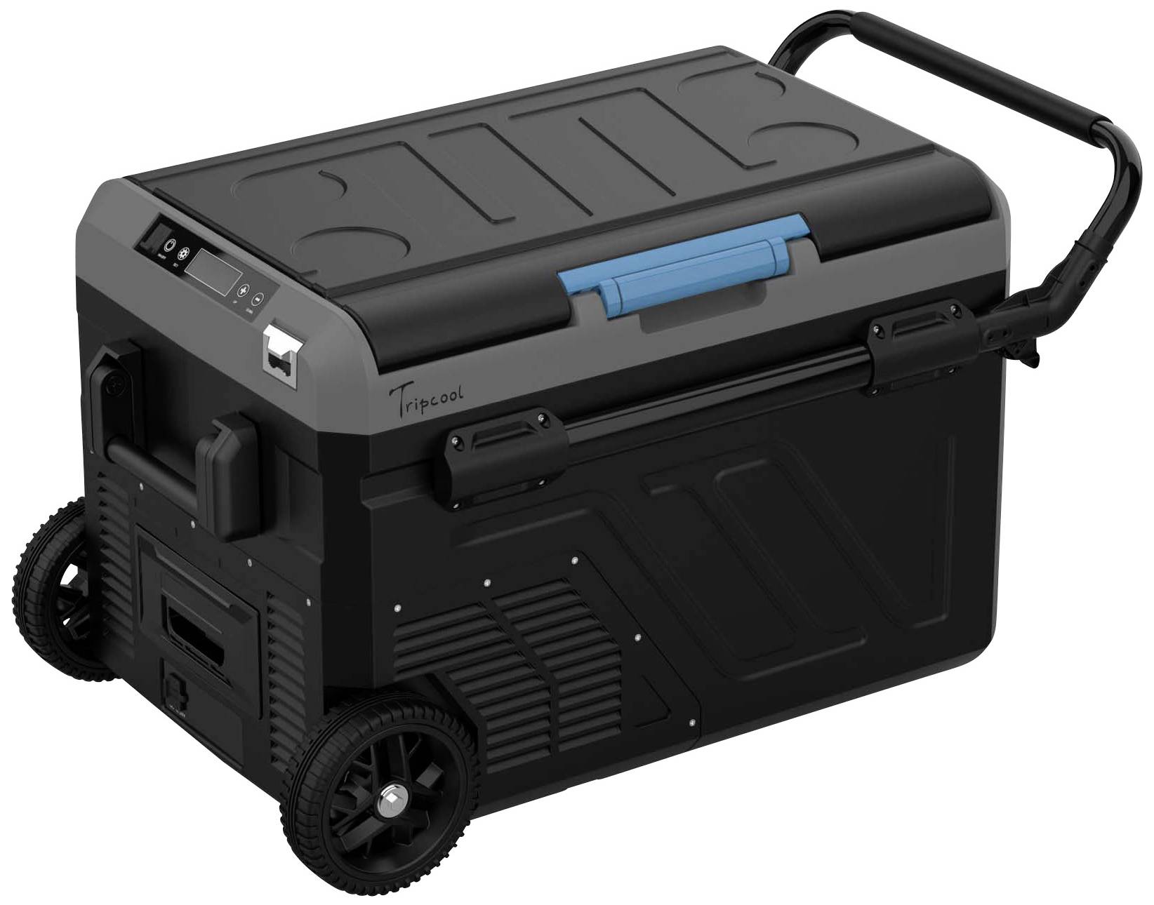 Tragbarer elektrischer Kühlschrank mit Rädern und Griff, schwarz und grau, mit blauer Verriegelung, ideal für Campingreisen.