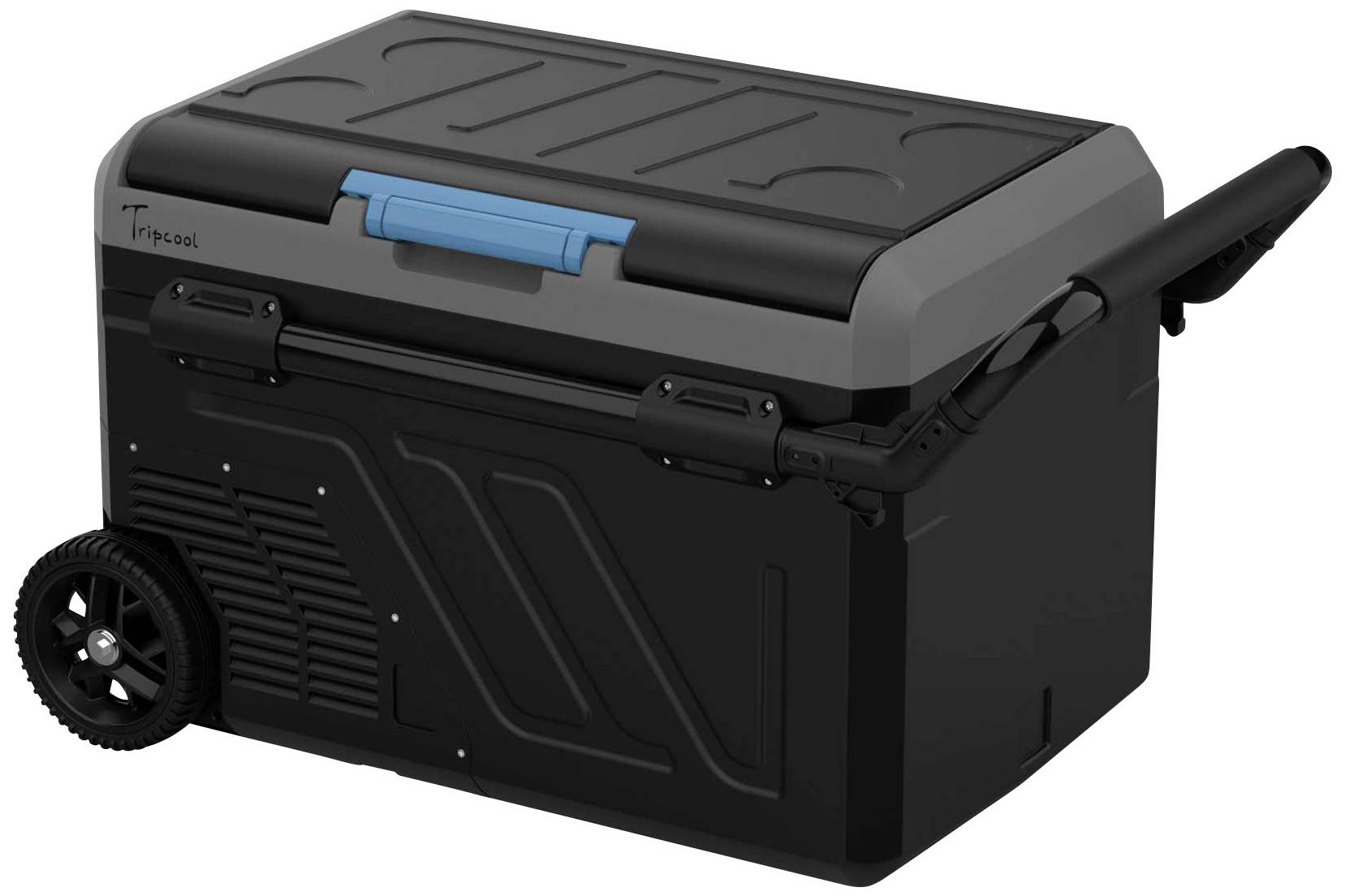 Schwarze Kühlbox mit Rädern und Griff für den einfachen Transport. Oberer Teil grau mit blauem Verschluss.