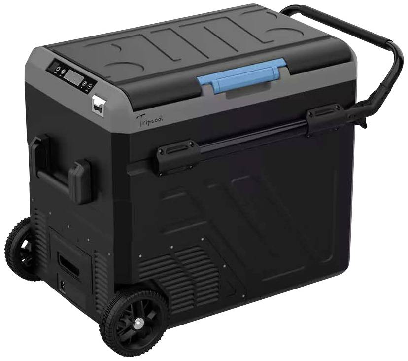 Schwarzer mobiler Kühlschrank mit Griff und Rädern, ideal für Outdoor-Aktivitäten. Marke 'TripLock', davon blaues Element sichtbar.