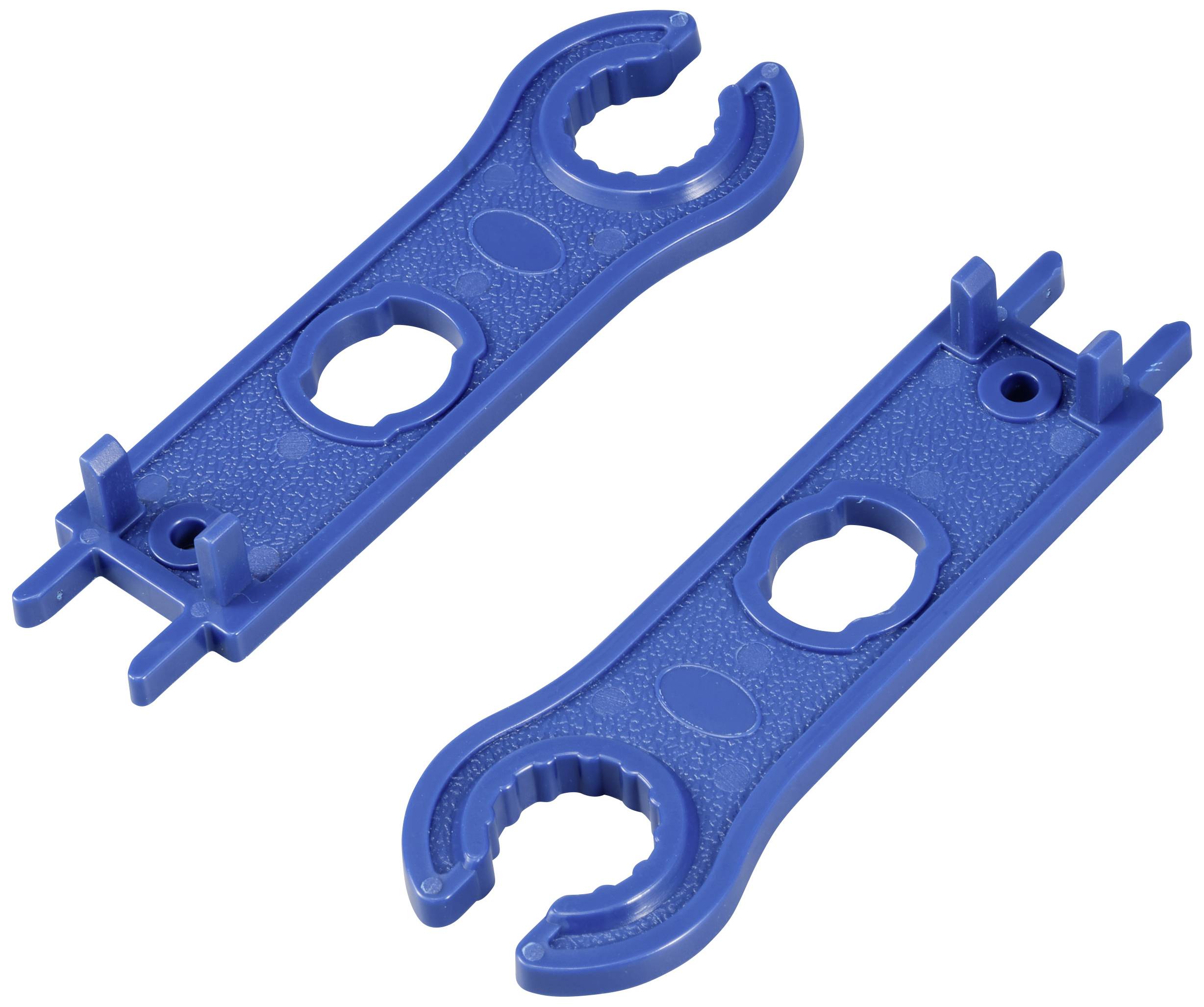 Zwei blaue Kunststoffwerkzeuge mit Öffnungen für verschiedene Ventilgrößen.