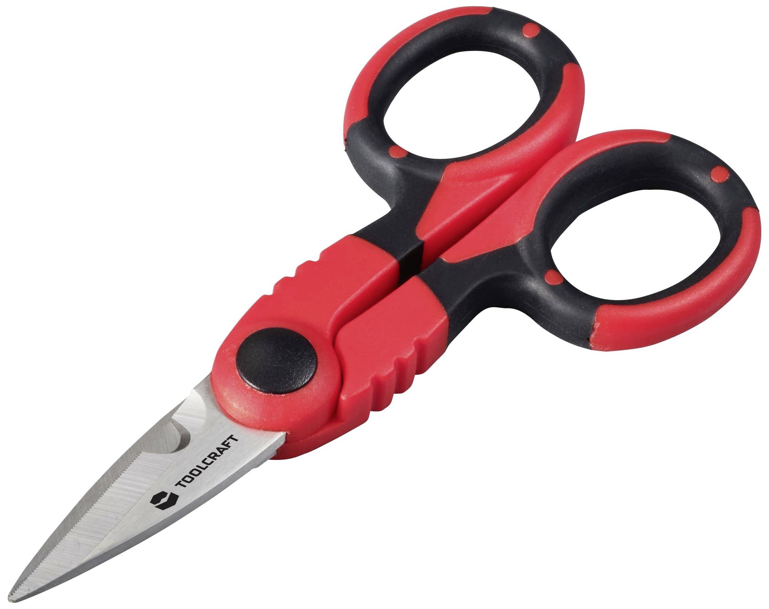 Rote und schwarze Schere mit ergonomischen Griffen und beschrifteter Klinge, auf weißem Hintergrund platziert.