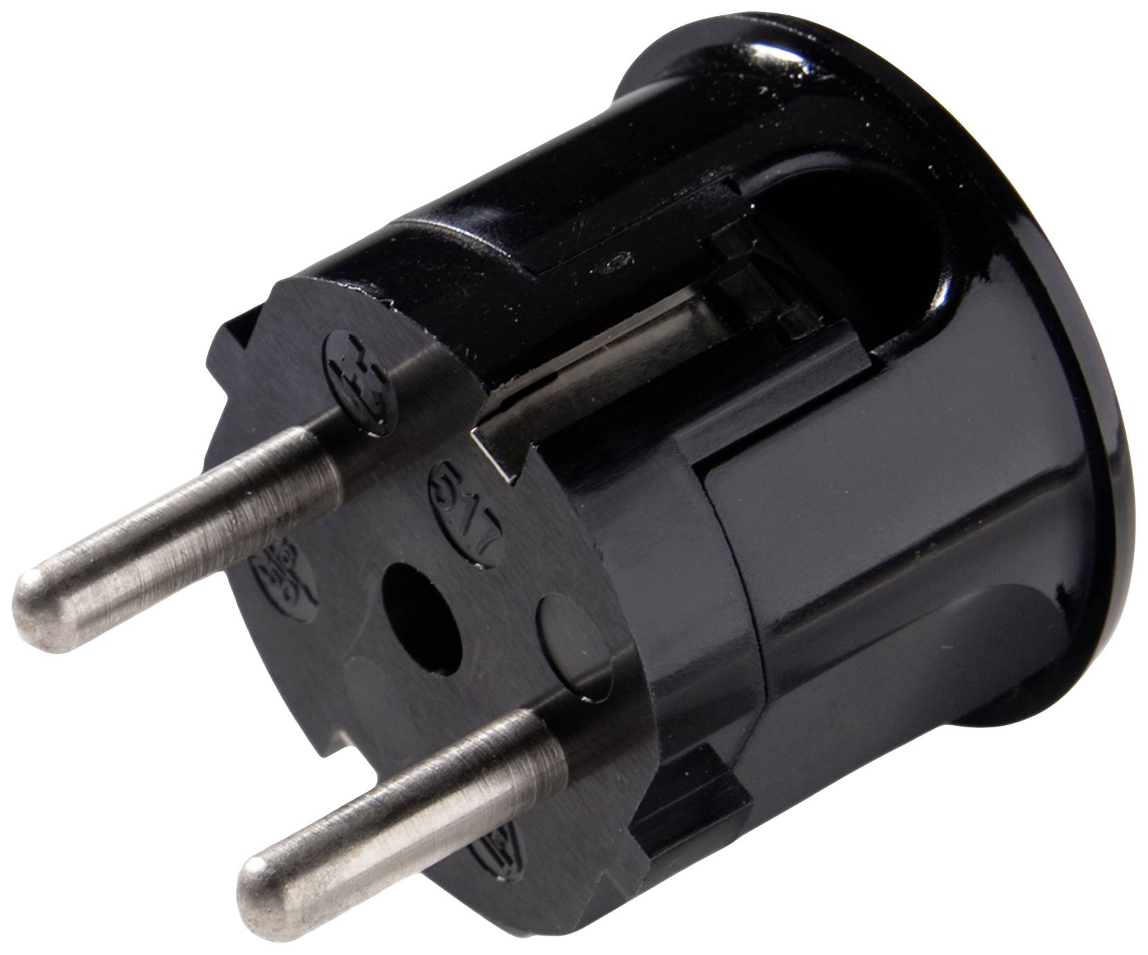Ein schwarzer Eurostecker-Adapter mit zwei Metallstiften und einer kreisförmigen Form, geeignet für europäische Steckdosen.