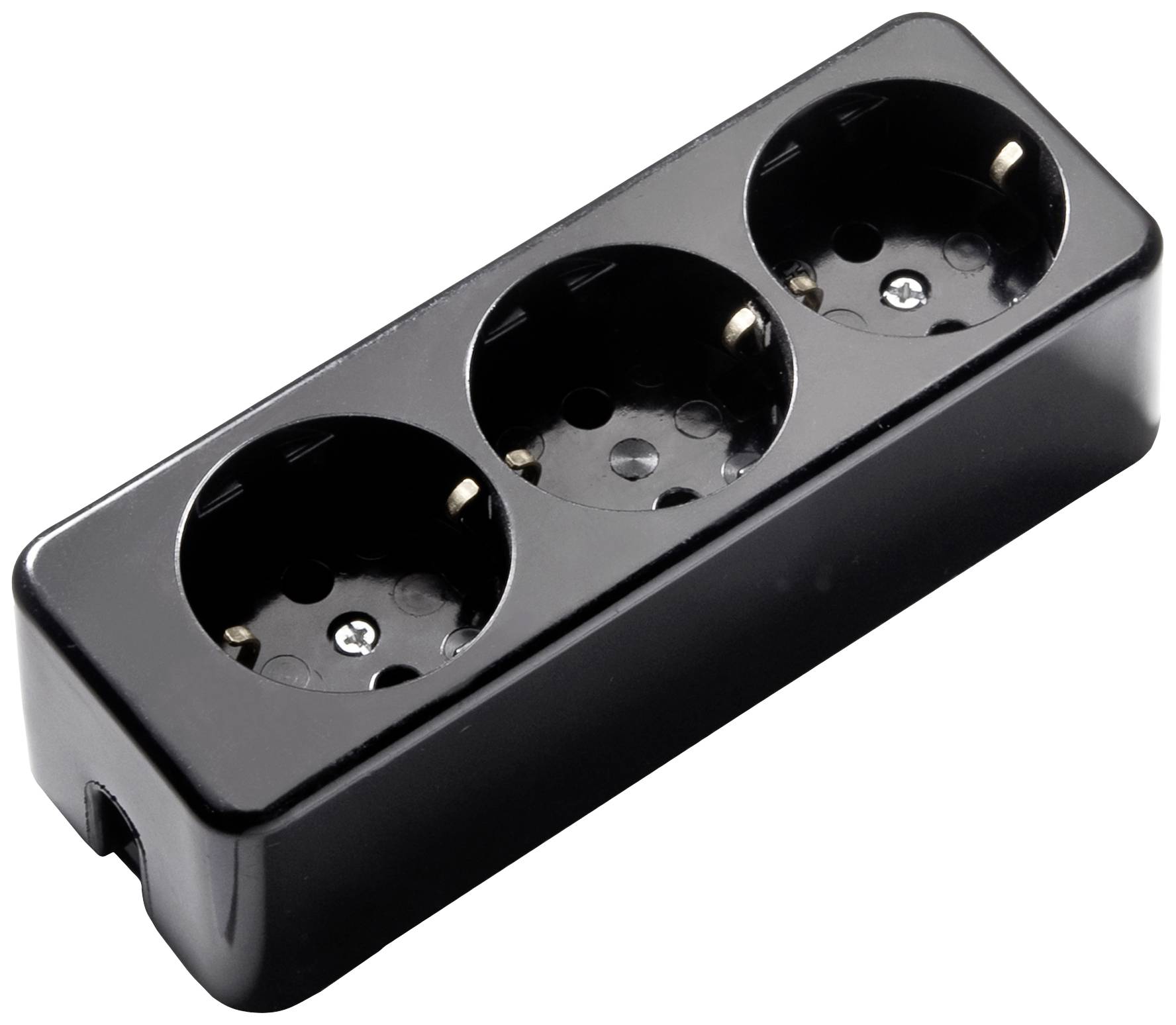 Schwarze dreifache Steckdosenleiste ohne Kabel, geeignet für europäische Stecker.