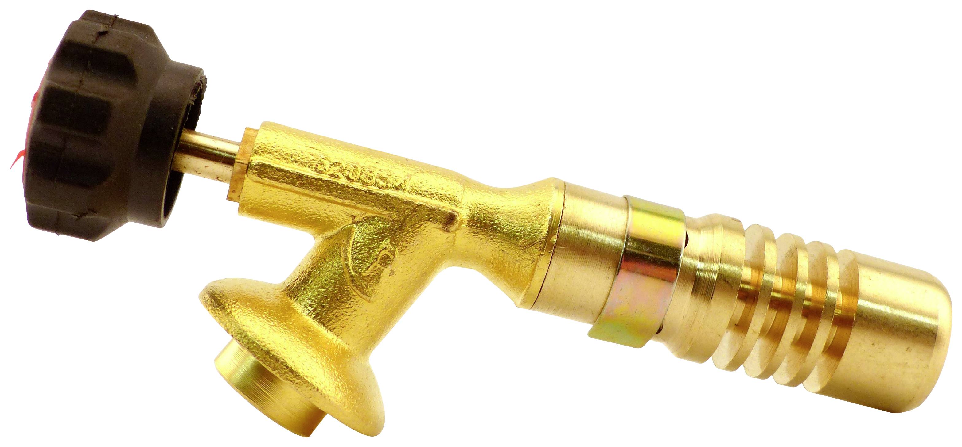 Ein goldener Gaskartuschenregler mit schwarzem Drehknopf.