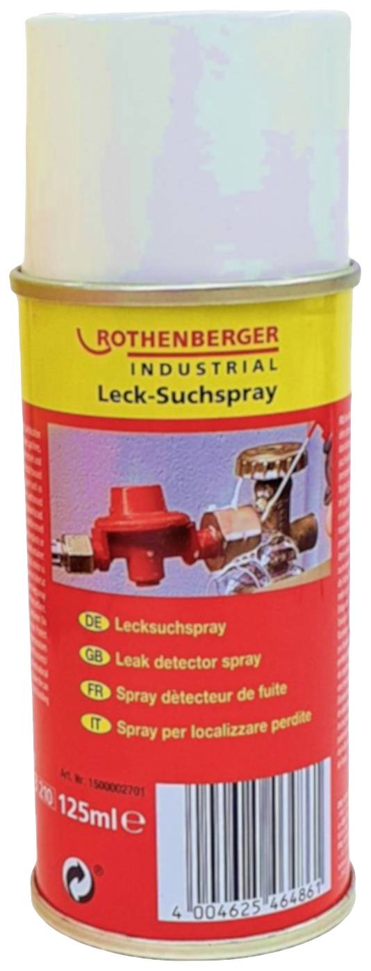 Rote Sprühdose 'ROTHENBERGER INDUSTRIAL Leck-Suchspray' mit mehrsprachiger Produktbeschreibung. Inhalt: 125 ml.