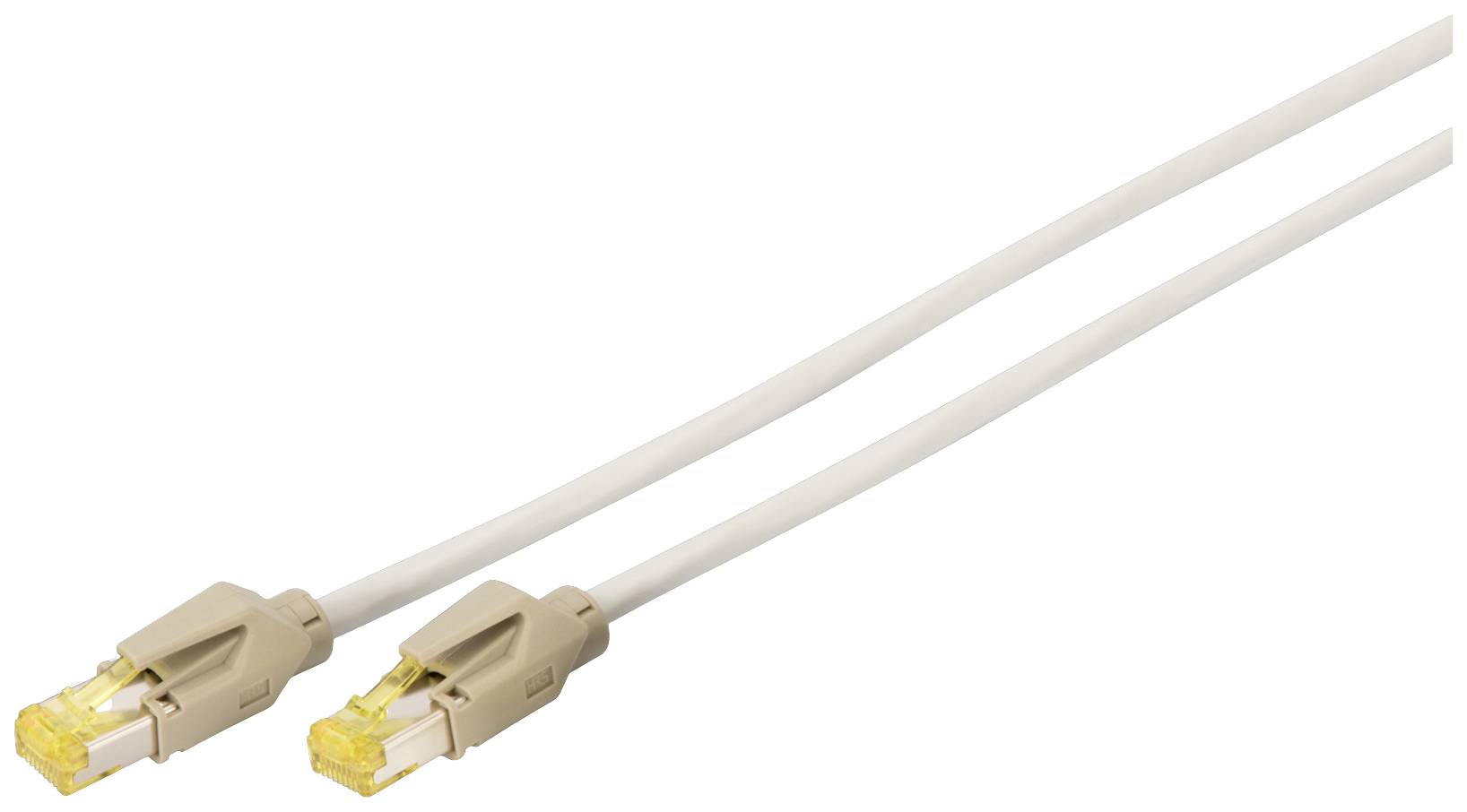 Zwei beige Ethernet-Kabel mit gelben Steckern, für Netzwerkverbindungen.