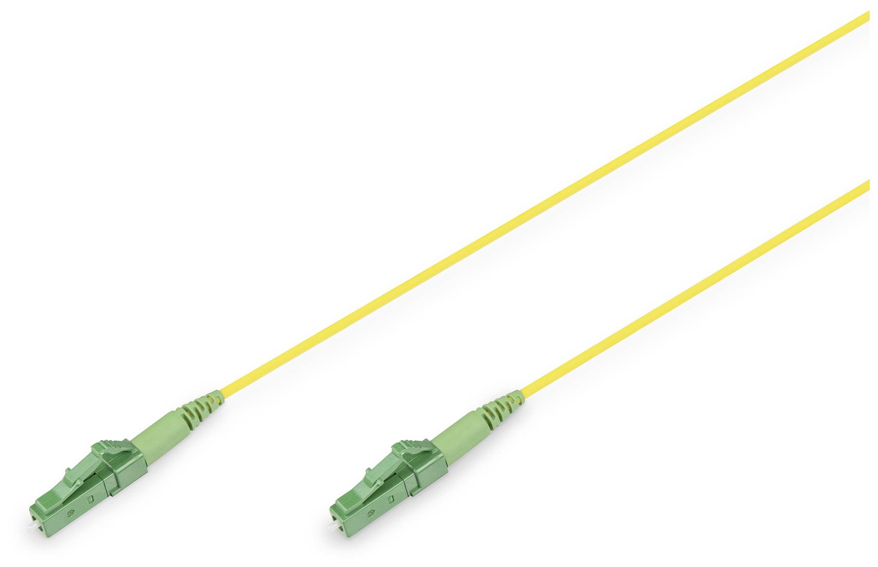 Ein gelbes Glasfaserkabel mit grünen Steckverbindern an beiden Enden, geeignet für optische Netzwerkverbindungen.