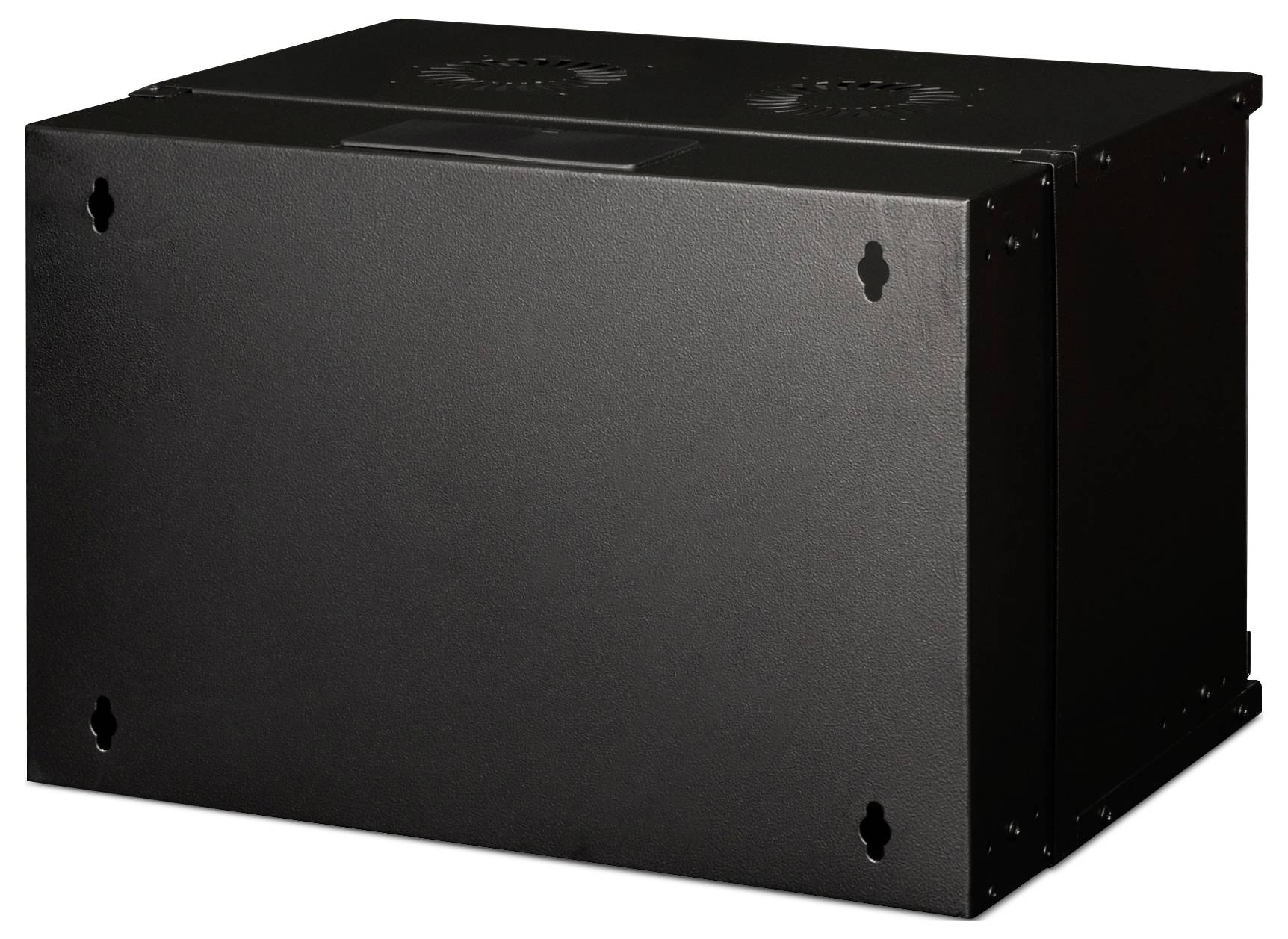 Schwarzes Rechteckgehäuse mit Lüftungsschlitzen und Befestigungslöchern an den Ecken, geeignet zur Wandmontage von Technikgeräten.