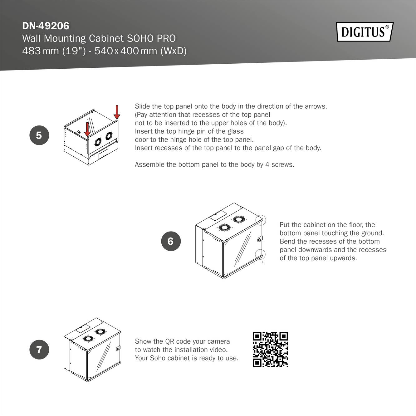 Installationsanleitung für Wandmontageschrank: Schritt 5-7, obere Platte befestigen, Gehäuse an Wand anbringen, QR-Code für Video.