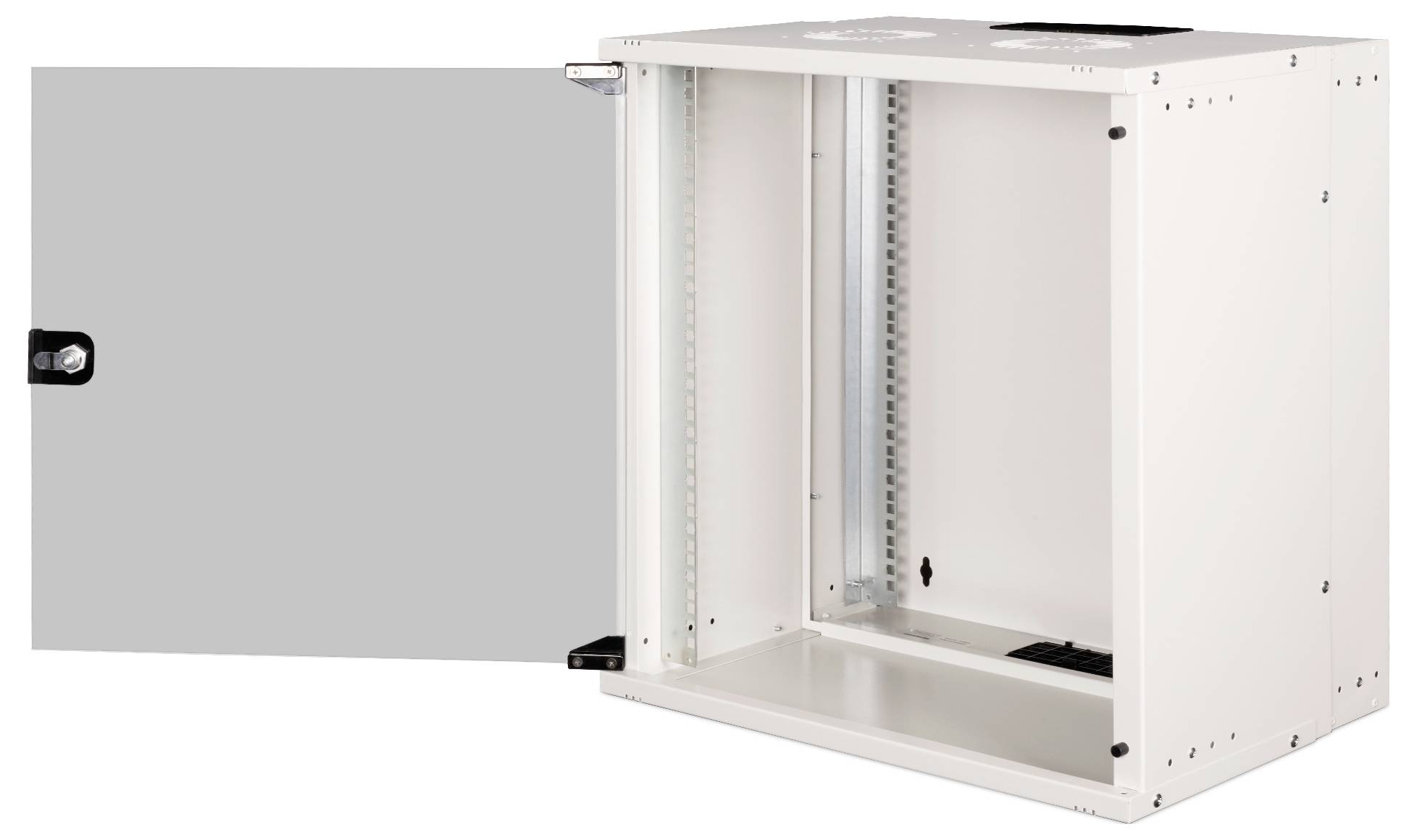 Weißer, offener Netzwerk-Wandschrank mit geöffneter Tür, zeigt innenliegende Schienen für die Montage von Geräten.
