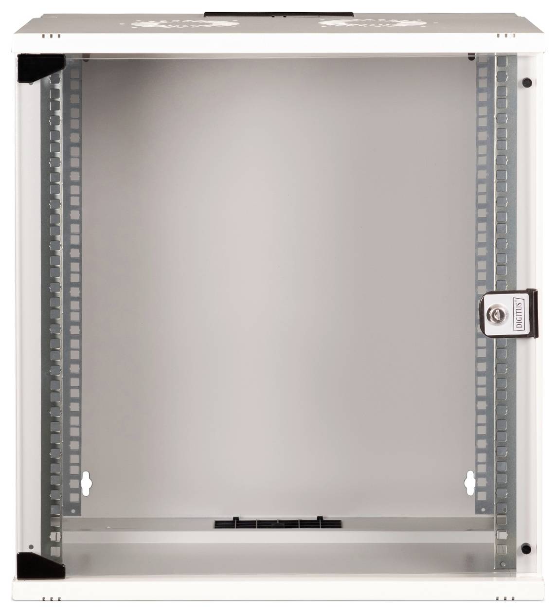 Ein leerer, offener IT-Wandschrank mit Lüftungsschlitzen und sicherem Schließmechanismus, geeignet für Netzwerkgeräte.