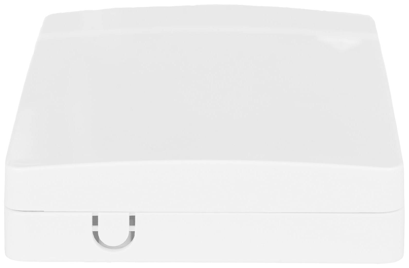 Ein flaches, rechteckiges, weißes elektronisches Gerät, möglicherweise ein Netzwerkzubehör oder Router, auf einem weißen Hintergrund.