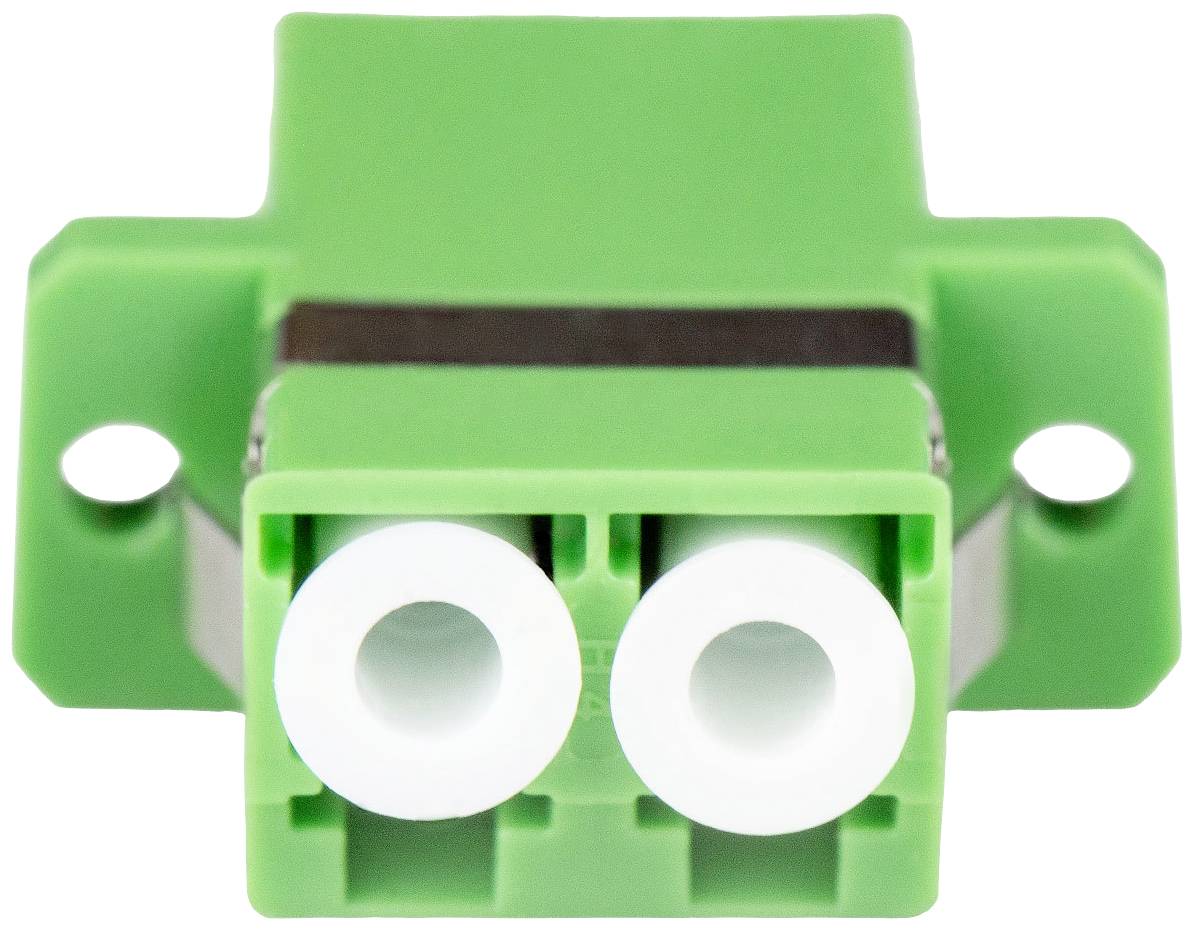 Grüner optischer SC-Adapter mit zwei Ports, geeignet für Glasfaserverbindungen in Telekommunikationsanwendungen.