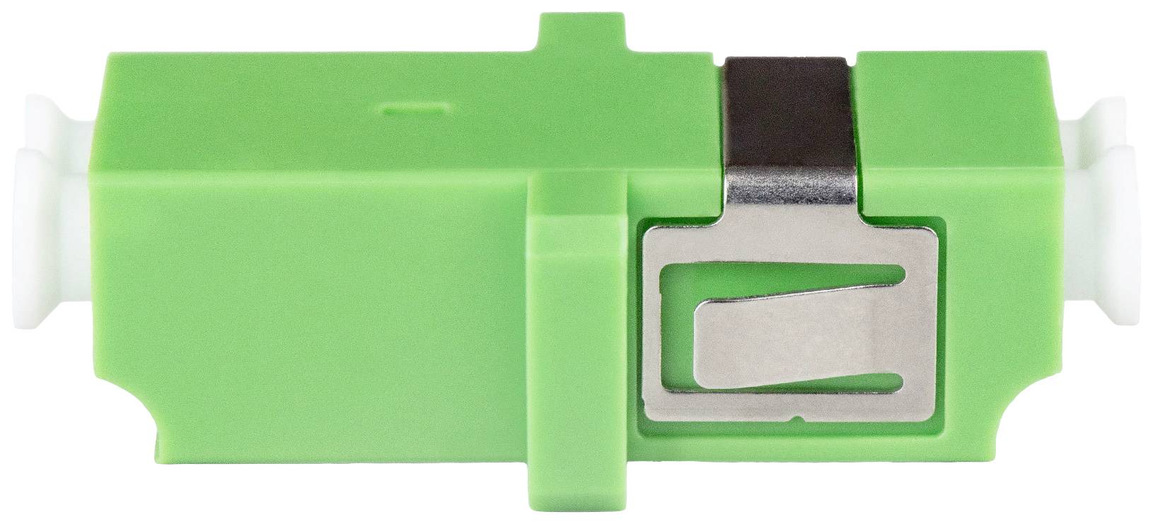 Grüner optischer Glasfaseradapter mit Metallclip in der Mitte, für die Verbindung von Glasfaserkabeln.
