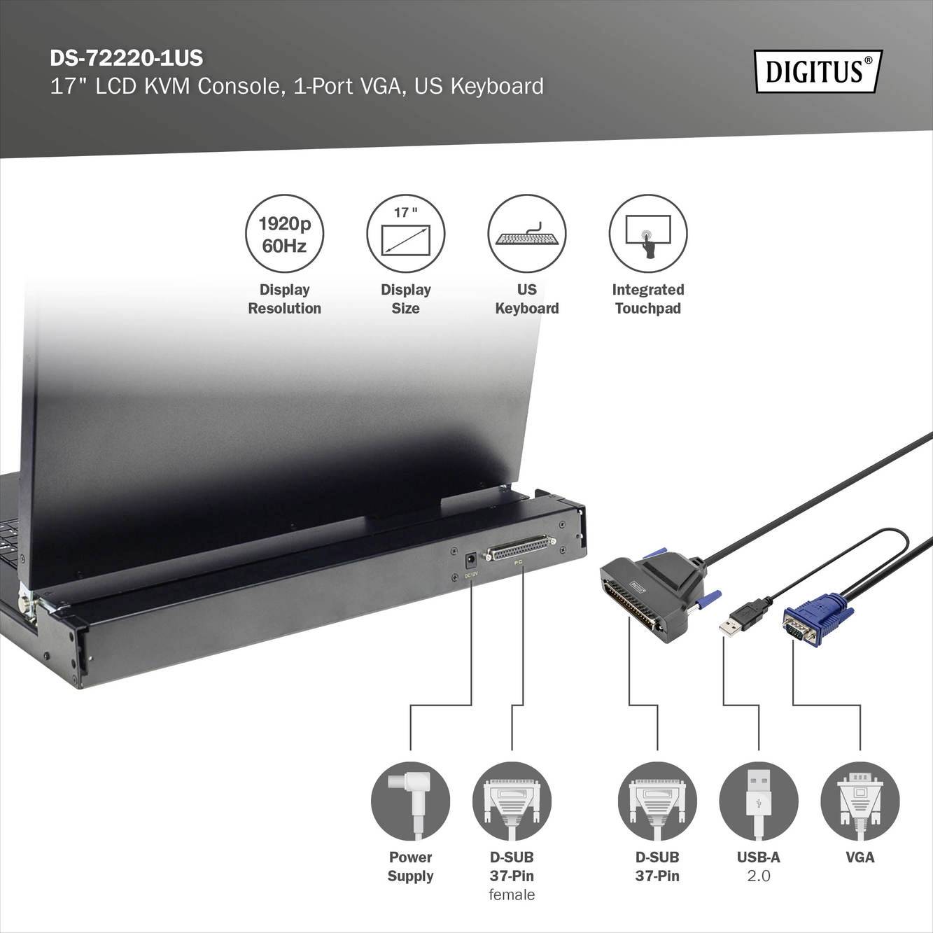 Digitus DS-72220-1US 1 Port KVM-Konsole VGA Maus, Tastatur 1920 x 1080 Pixel