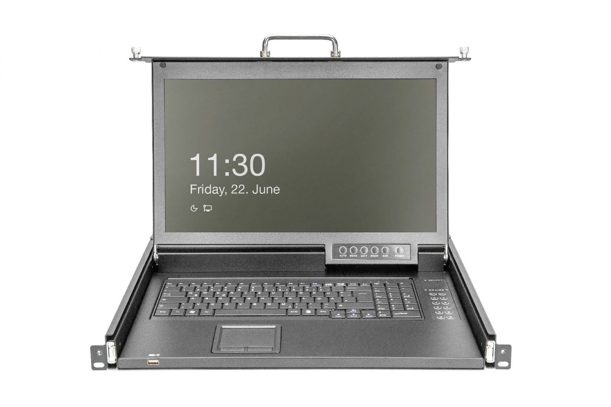 Ein Monitor und eine Tastatur in einem Rackmount-Gehäuse. Auf dem Bildschirm wird die Uhrzeit '11:30' und das Datum 'Freitag, 22. Juni' angezeigt.