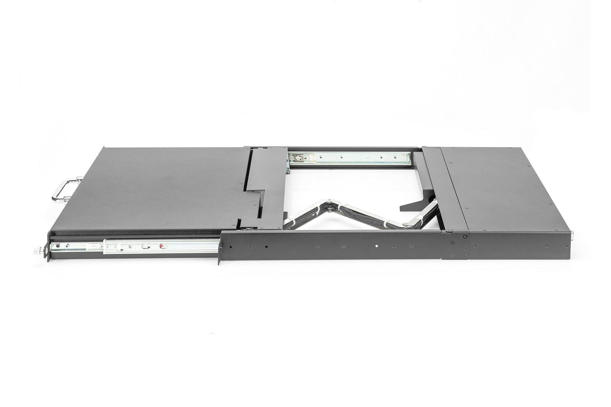 Ein zusammengeklapptes, schwarzes Metallgestell mit ausziehbaren und klappbaren Schienen, geeignet für elektronische Geräte oder Haustechnik.