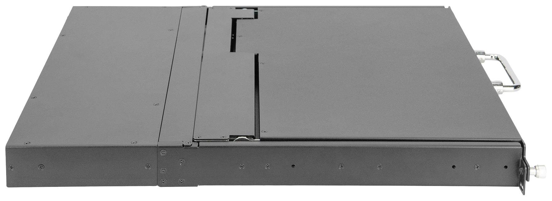 Ein schwarzmetallisches 19-Zoll-Rack-Gehäuse von der Seite gesehen, mit zwei Griffen auf der rechten Seite.