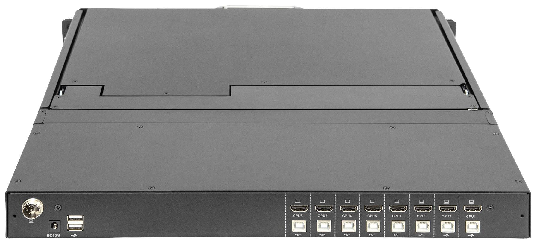 Ein schwarzer Rackmount-KVM-Switch mit mehreren HDMI-Ports auf der Vorderseite, geeignet zur Verwaltung mehrerer Computer.