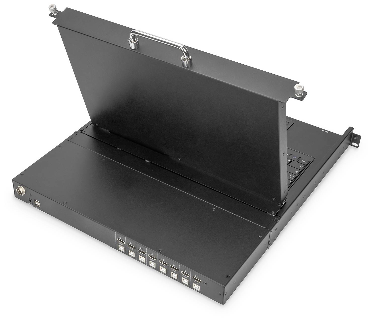 Ein 1U-Rack-Konsole mit umklappbarem Bildschirm und integrierter Tastatur. Darunter befinden sich mehrere USB-Anschlüsse.