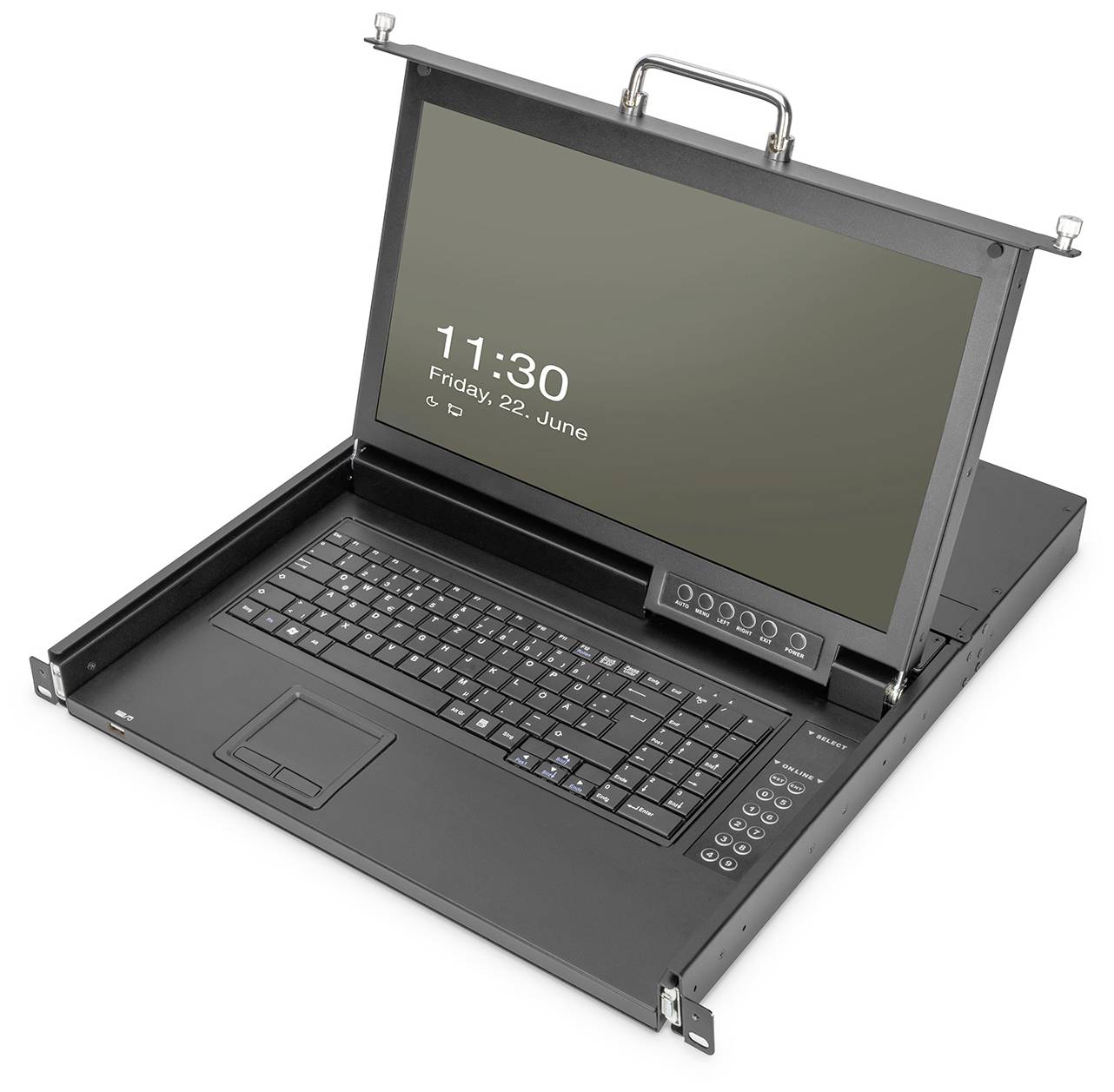 Ein Laptop mit einer Tastatur und einem offenen Bildschirm, der '11:30 Friday, 22. June' anzeigt. Der Laptop ist schwarz und hat ein Tragegriff.