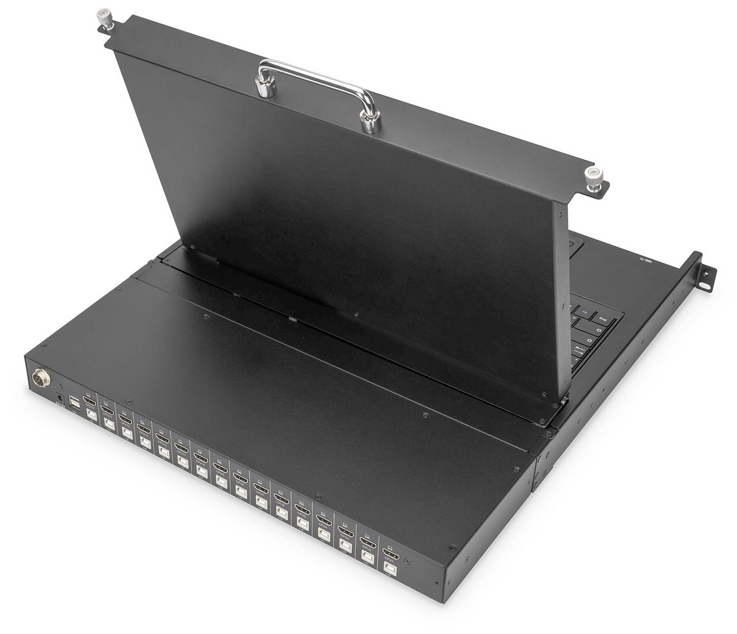 Ein 19-Zoll-Rackmount-Laptop mit hochgeklapptem Bildschirmdeckel, mehreren USB-Anschlüssen und einem Tragegriff.