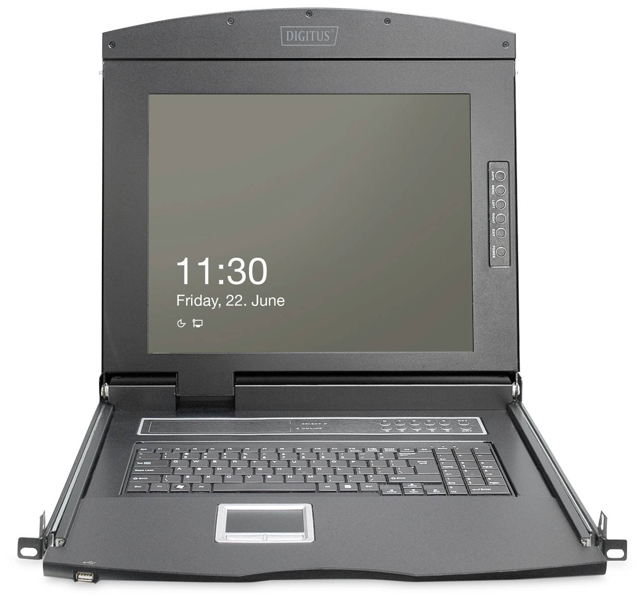 Ein KVM-Konsole mit integriertem Monitor, Tastatur und Touchpad. Auf dem Bildschirm wird Datum und Uhrzeit angezeigt: '11:30, Freitag, 22. Juni'.