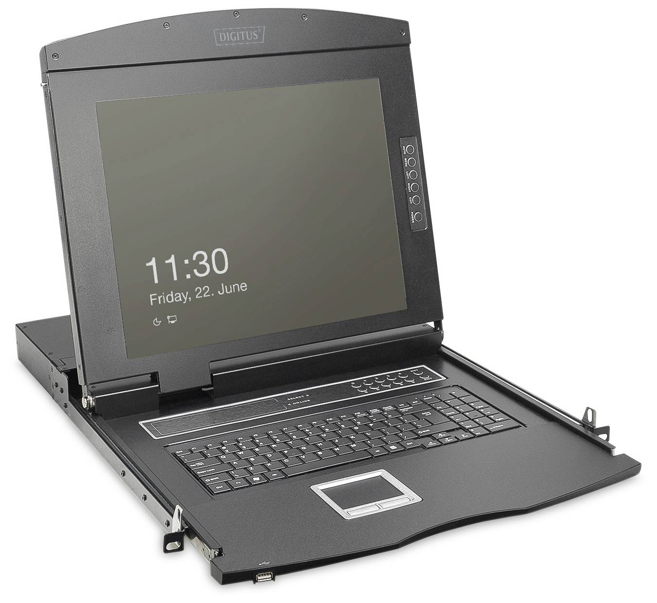 Ein aufklappbarer KVM-Switch mit Monitor, Tastatur und Touchpad. Der Bildschirm zeigt die Uhrzeit '11:30' und das Datum 'Freitag, 22. Juni'.