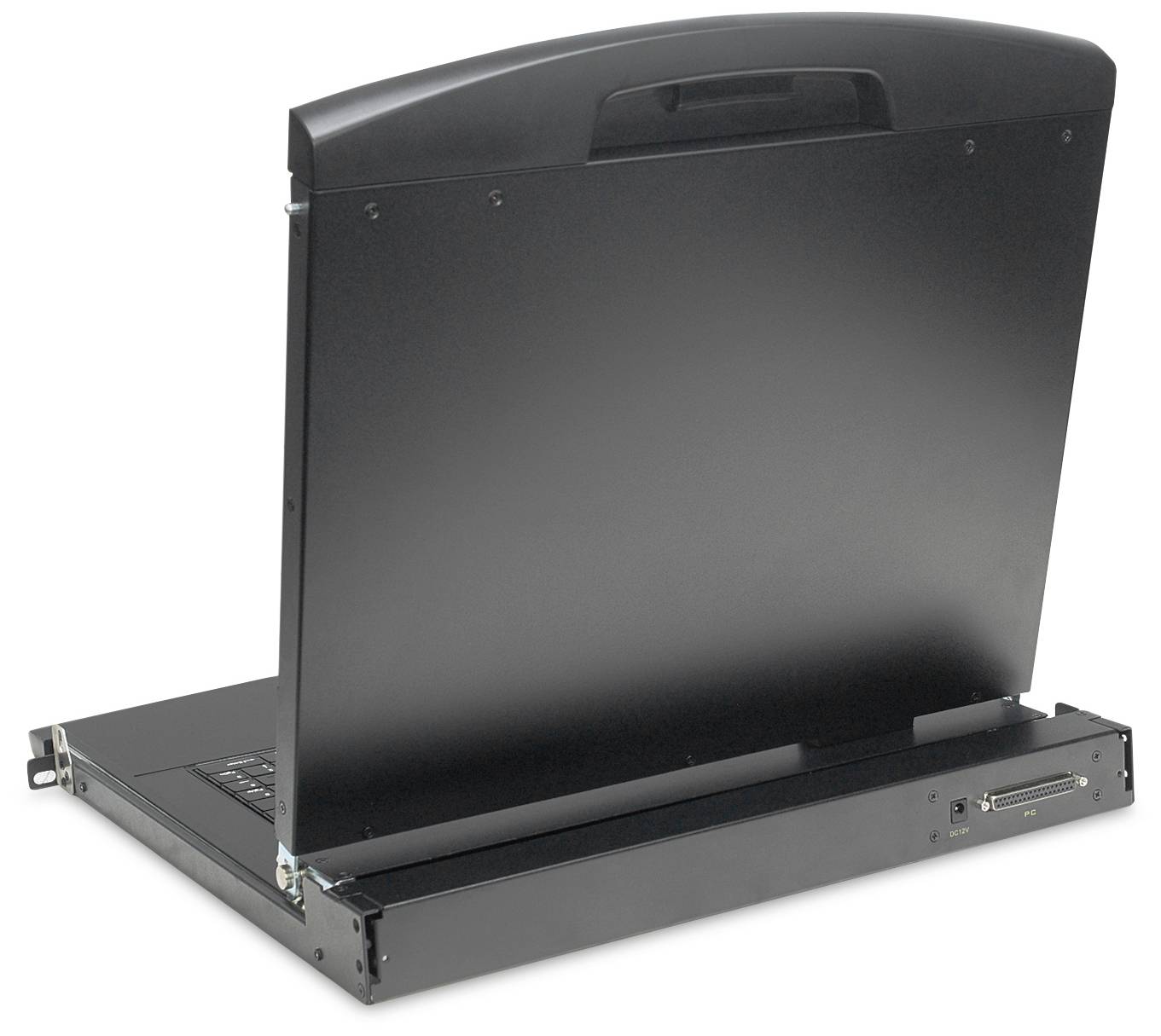 Laptopschrank mit offenem Fach, zeigt geöffnete Klappe und Scharniere.