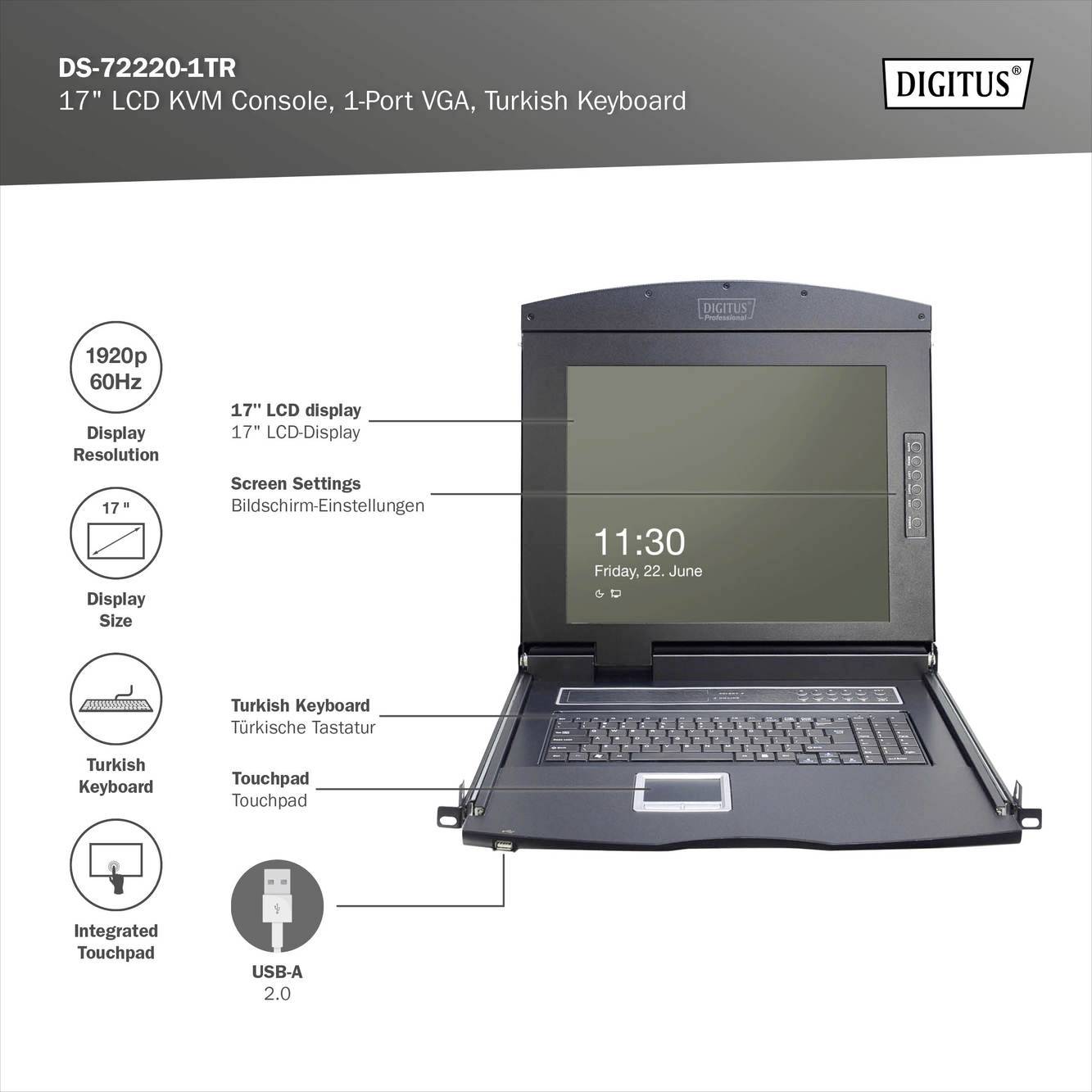 17-Zoll-LCD KVM-Konsole mit 1-Port VGA und türkischer QWERTY-Tastatur. Integrierter Touchpad und USB-A-Anschluss. Displayauflösung: 1920p.