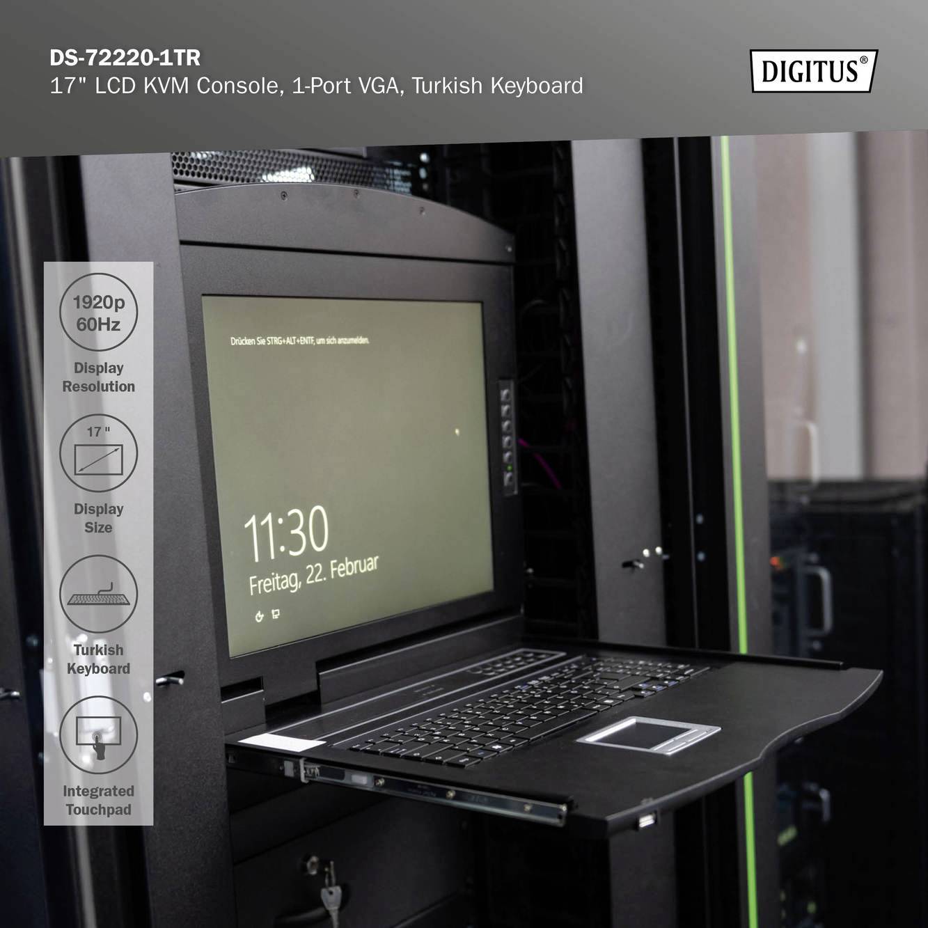 17-Zoll-LCD-Konsolendisplay zeigt Datum und Uhrzeit 'Freitag, 22. Februar, 11:30' auf schwarzem Bildschirm in einem Server-Raum.