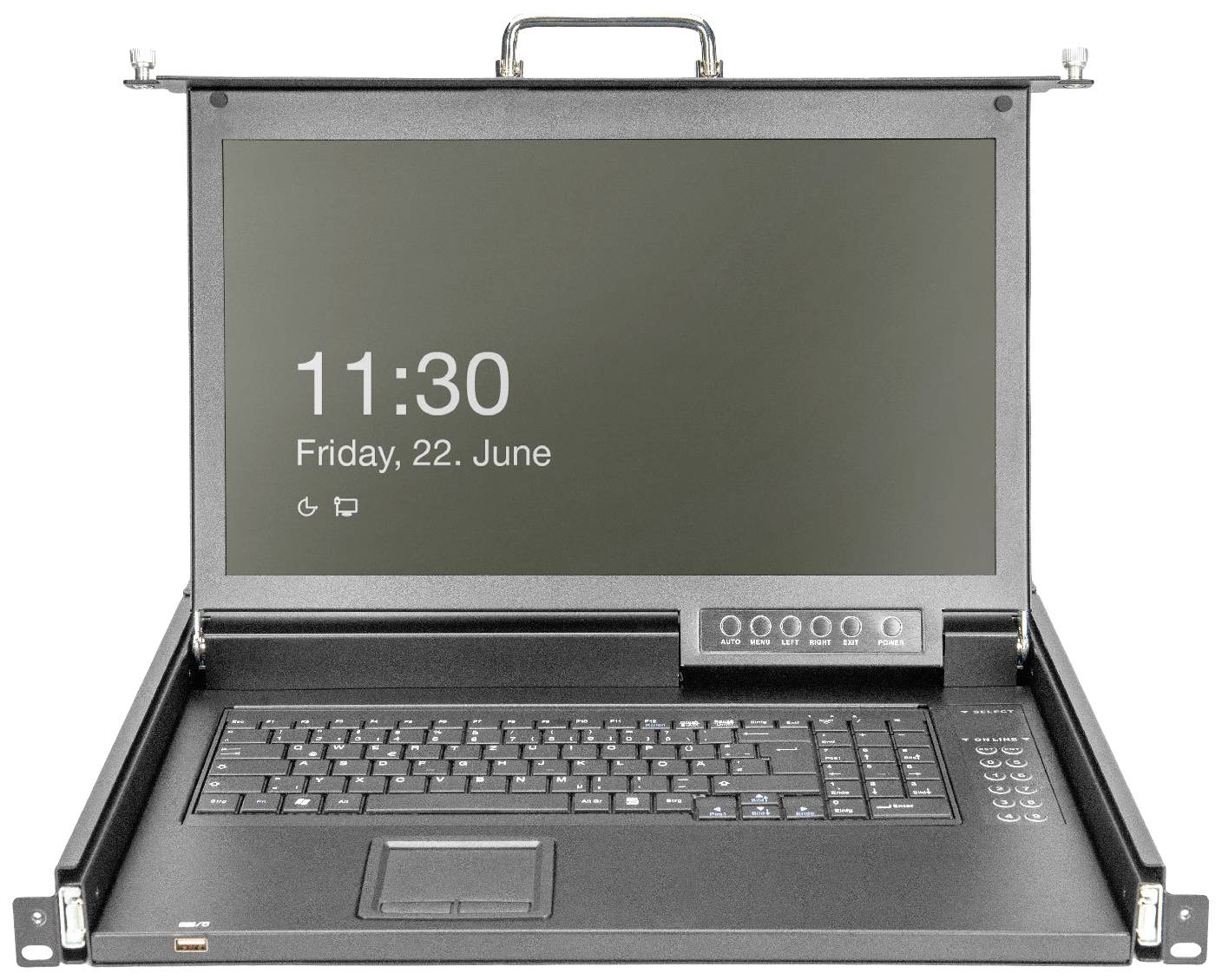 Ein geöffneter tragbarer Rackmount-KVM-Monitor zeigt eine Digitaluhr mit Datum 'Freitag, 22. Juni' auf einem Bildschirm.