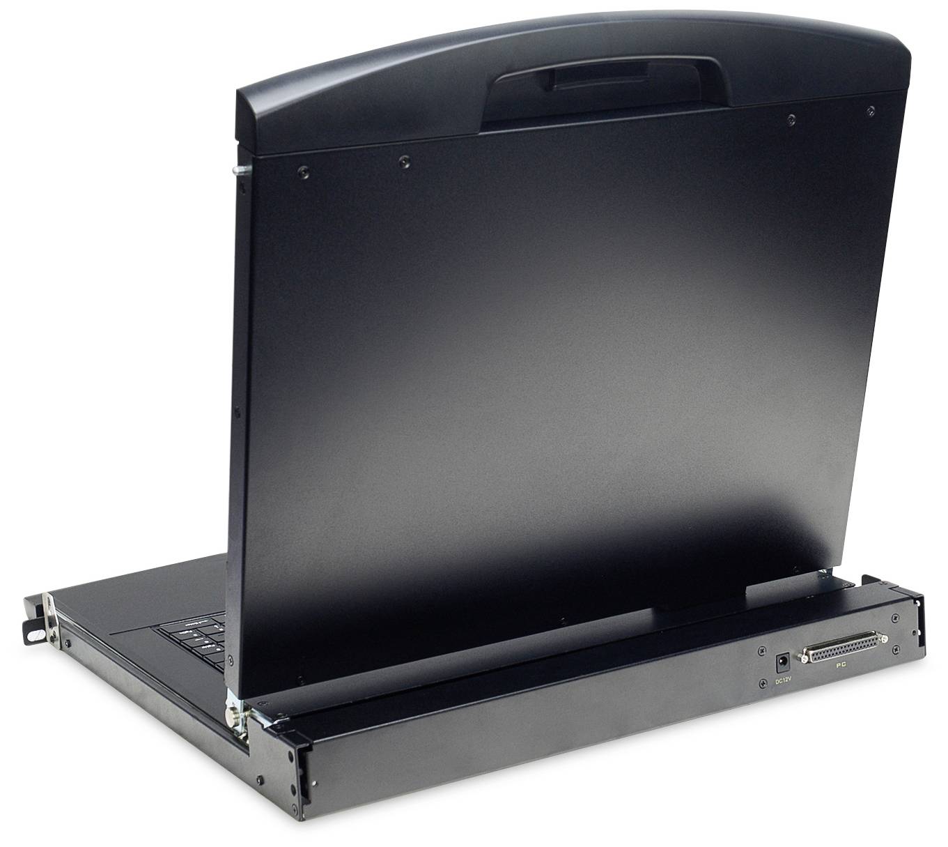 Ein schwarzer tragbarer KVM-Switch mit aufgeklapptem Bildschirm. Enthält Anschlüsse für die Integration in Server-Racks.