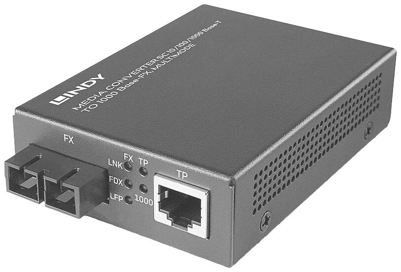Ein Lindy Medienkonverter mit Anschlüssen für Glasfaser (FX) und Ethernet (TP). Funktioniert mit 10/100/1000 Mbit/s Netzwerken.