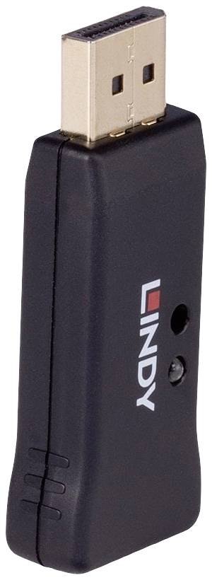 Schwarzer USB-Stecker mit der Aufschrift 'LINDY' in Weiß und Rot auf der Seite, zeigt die Vorderansicht des Geräts.