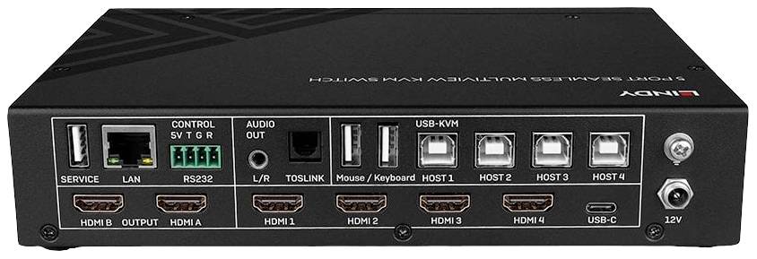 Rückseite eines elektronischen Geräts mit mehreren Anschlüssen für HDMI, USB, Audio und Kontrollschnittstellen wie LAN und RS232.