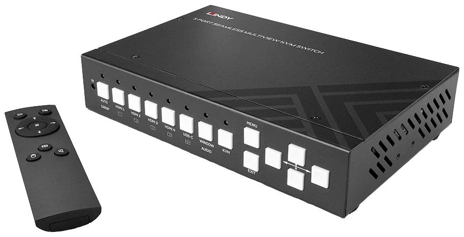 Schwarzer Multiviewer-Schalter mit mehreren Tasten und Anschlüssen auf der Front; schwarze Fernbedienung daneben.